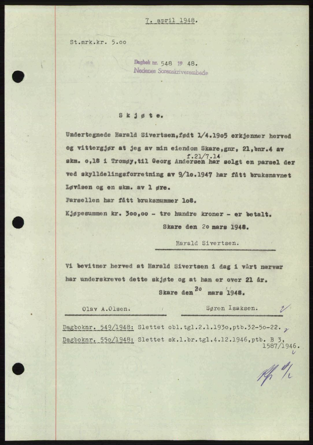Nedenes sorenskriveri, SAK/1221-0006/G/Gb/Gba/L0059: Pantebok nr. A11, 1948-1948, Dagboknr: 548/1948