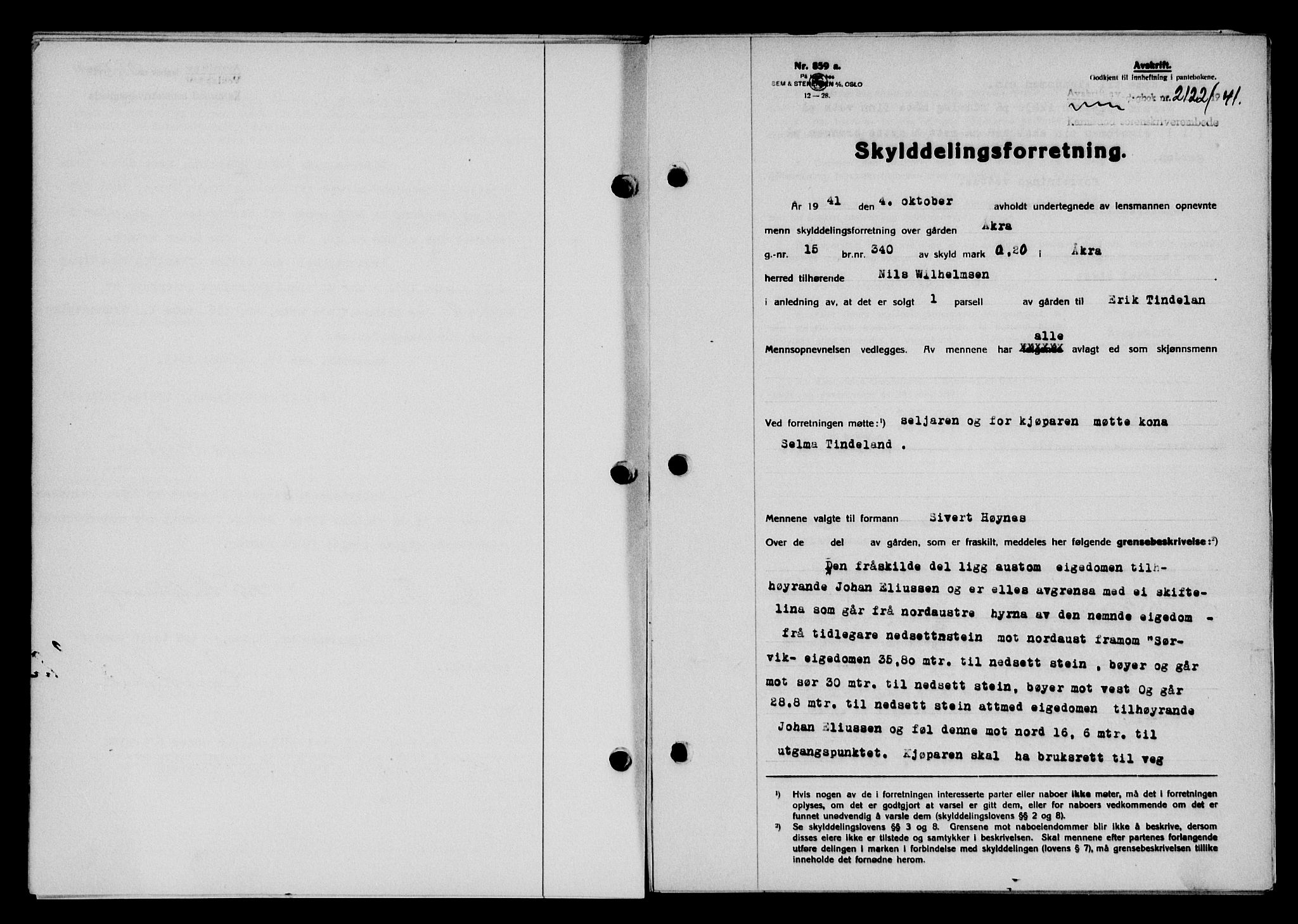 Karmsund sorenskriveri, SAST/A-100311/01/II/IIB/L0076: Pantebok nr. 57A, 1941-1941, Dagboknr: 2122/1941
