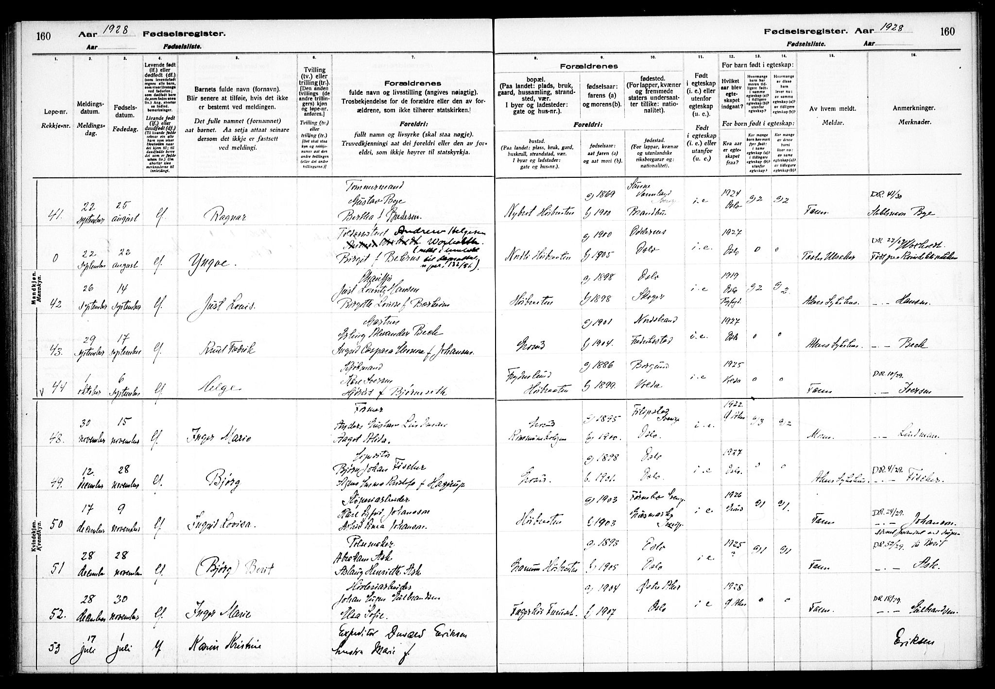 Østre Aker prestekontor Kirkebøker, AV/SAO-A-10840/J/Jb/L0001: Fødselsregister nr. II 1, 1916-1932, s. 160