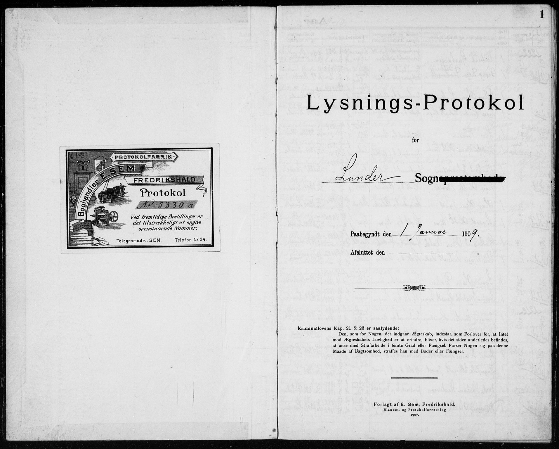 Lunder kirkebøker, AV/SAKO-A-629/H/Ha/L0001: Lysningsprotokoll nr. 1, 1909-1922, s. 1