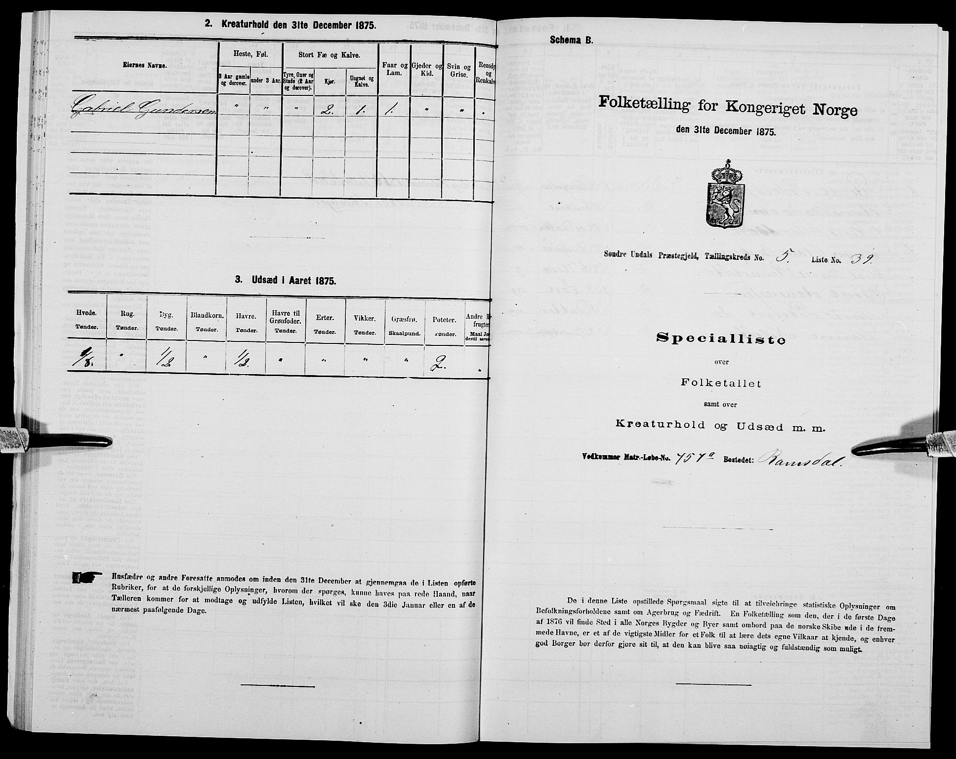 SAK, Folketelling 1875 for 1029P Sør-Audnedal prestegjeld, 1875, s. 691