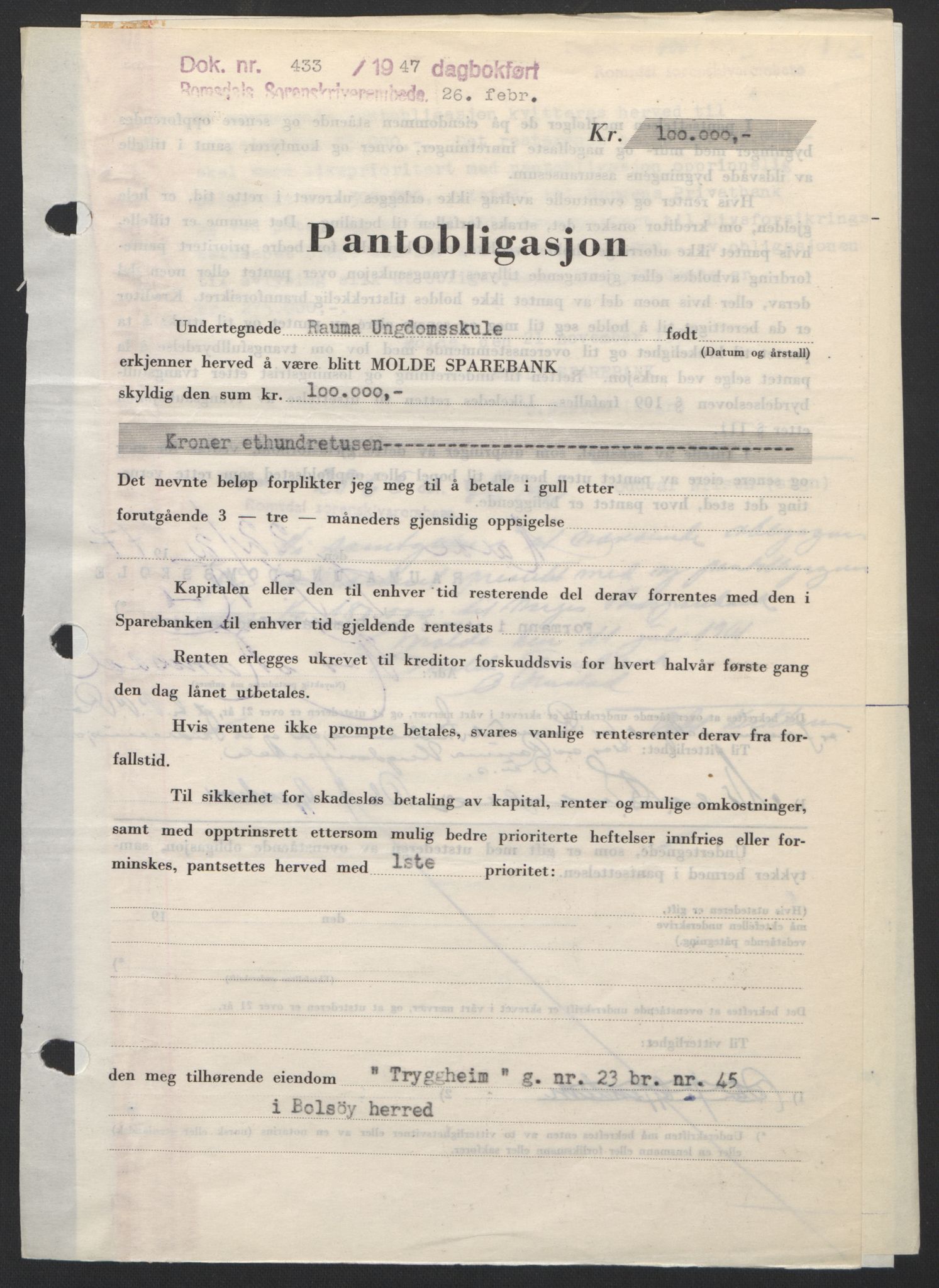 Romsdal sorenskriveri, SAT/A-4149/1/2/2C: Pantebok nr. B3, 1946-1948, Dagboknr: 433/1947