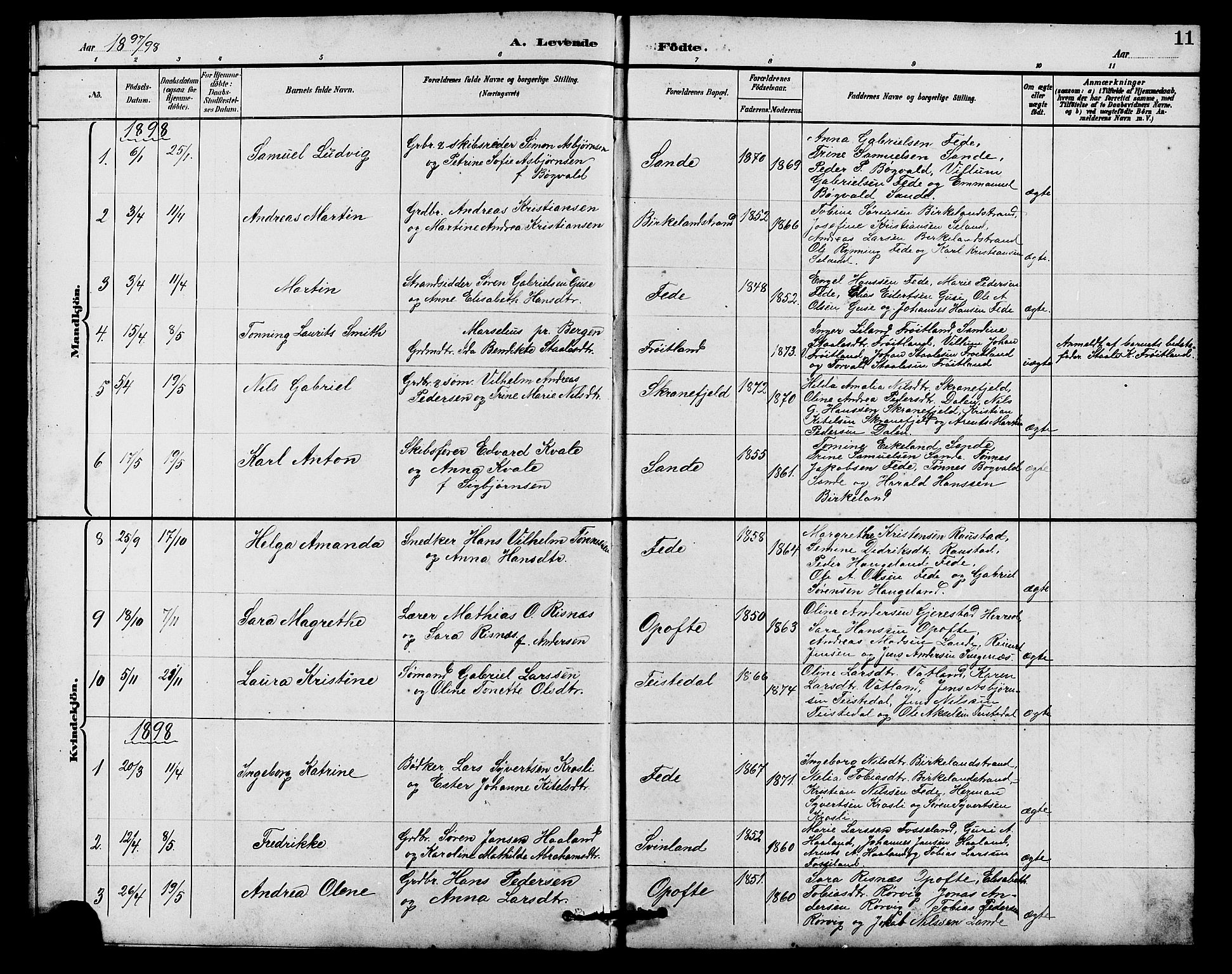 Kvinesdal sokneprestkontor, AV/SAK-1111-0026/F/Fb/Fba/L0004: Klokkerbok nr. B 4, 1894-1909, s. 11