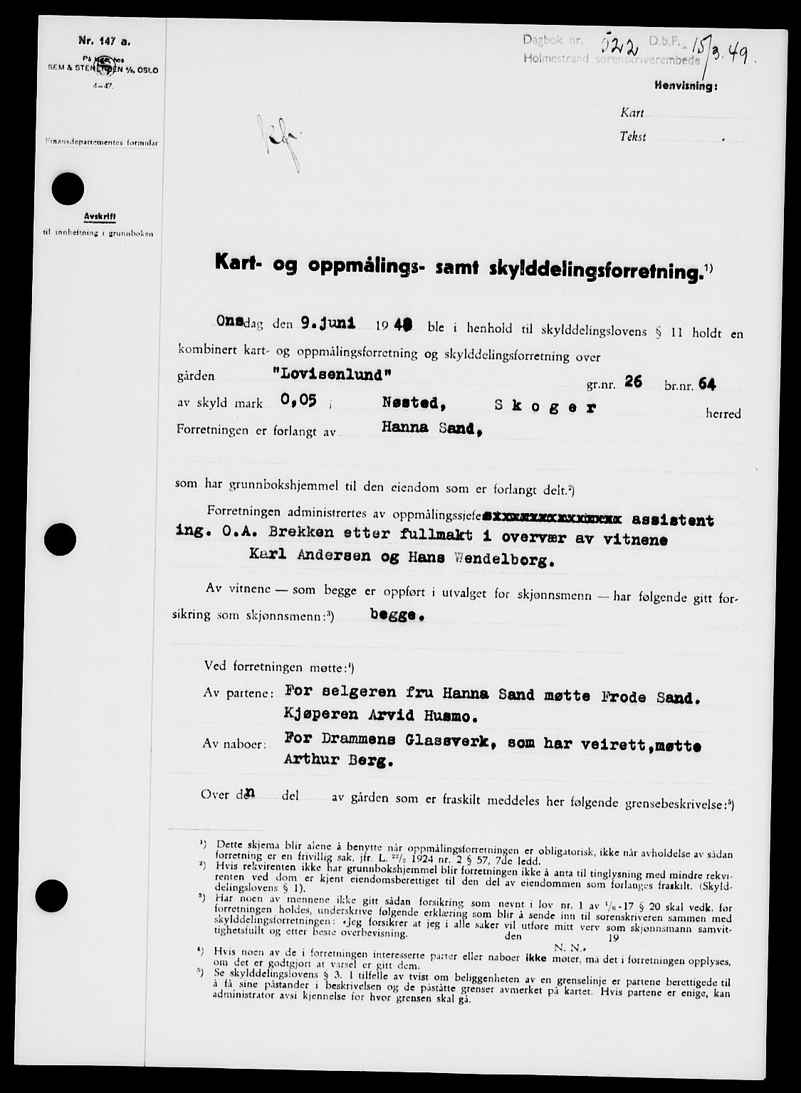Holmestrand sorenskriveri, SAKO/A-67/G/Ga/Gaa/L0066: Pantebok nr. A-66, 1949-1949, Dagboknr: 522/1949