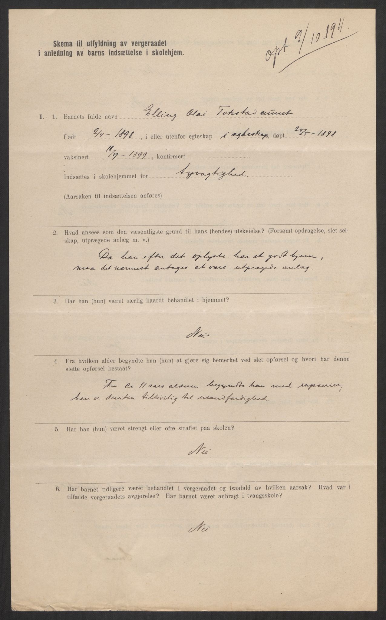 Falstad skolehjem, RA/S-1676/E/Eb/L0011: Elevmapper løpenr.. 240-260, 1911-1918, s. 107