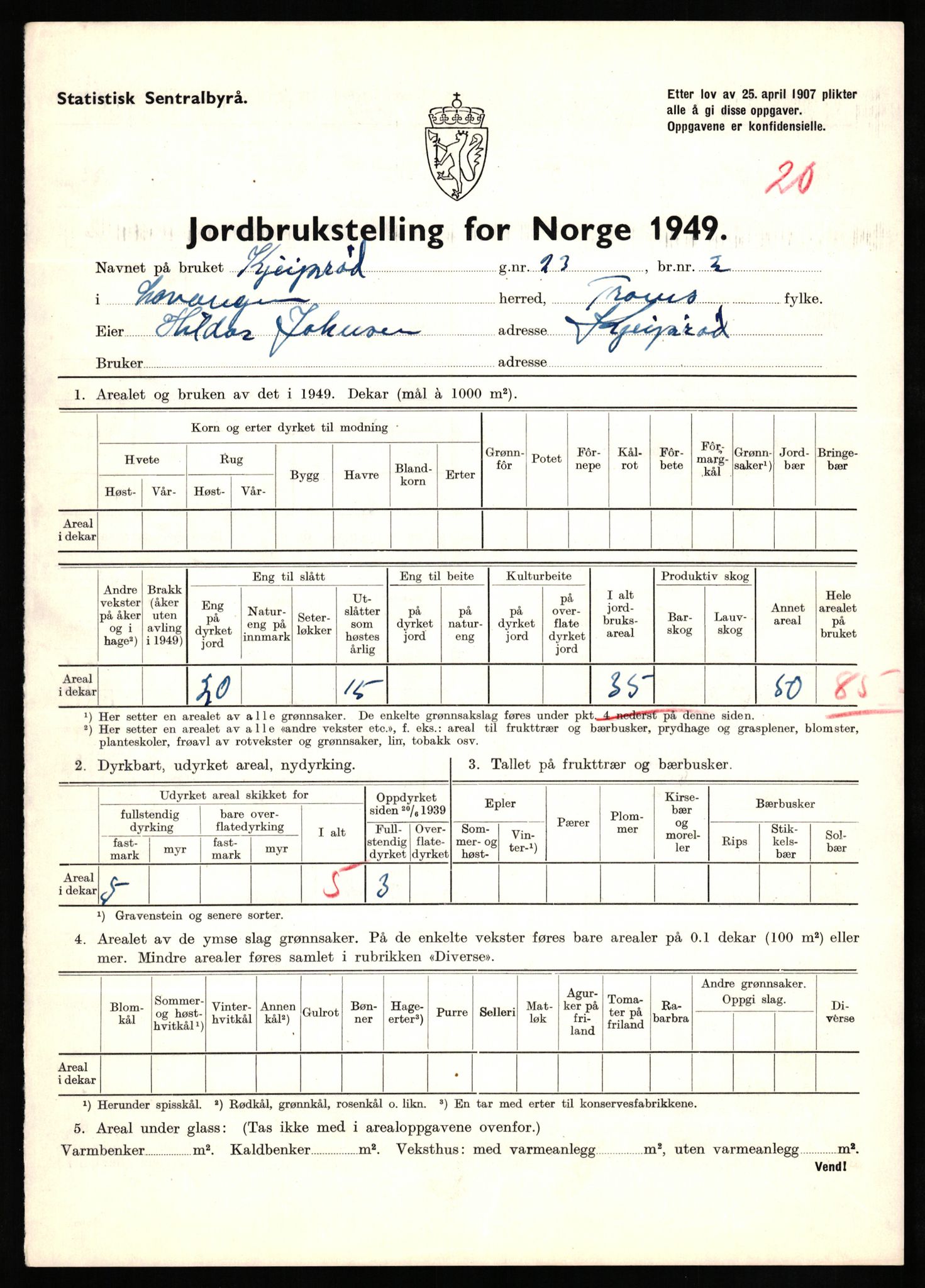 Statistisk sentralbyrå, Næringsøkonomiske emner, Jordbruk, skogbruk, jakt, fiske og fangst, AV/RA-S-2234/G/Gc/L0437: Troms: Gratangen og Lavangen, 1949, s. 165