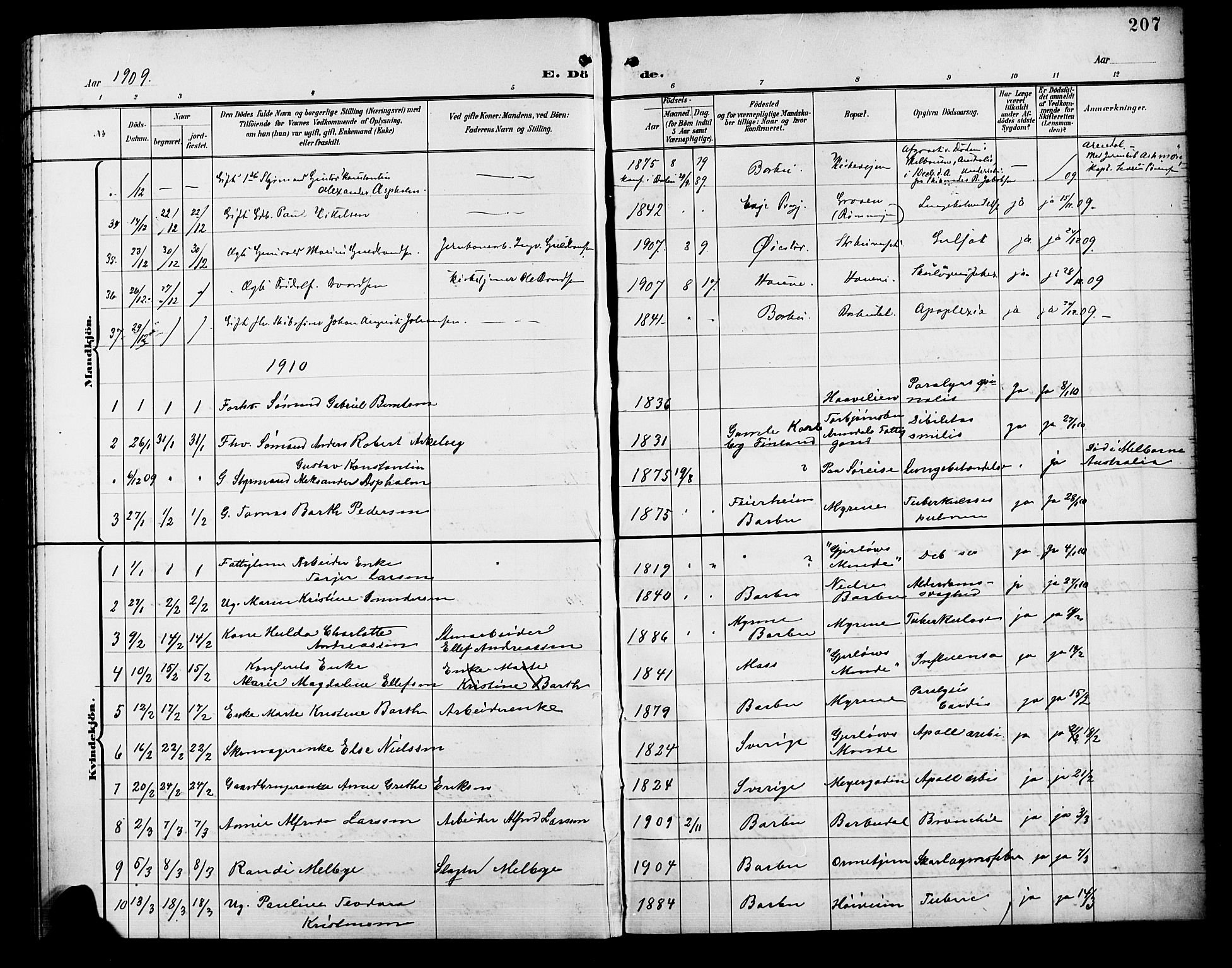 Barbu sokneprestkontor, AV/SAK-1111-0003/F/Fb/L0003: Klokkerbok nr. B 3, 1897-1911, s. 207
