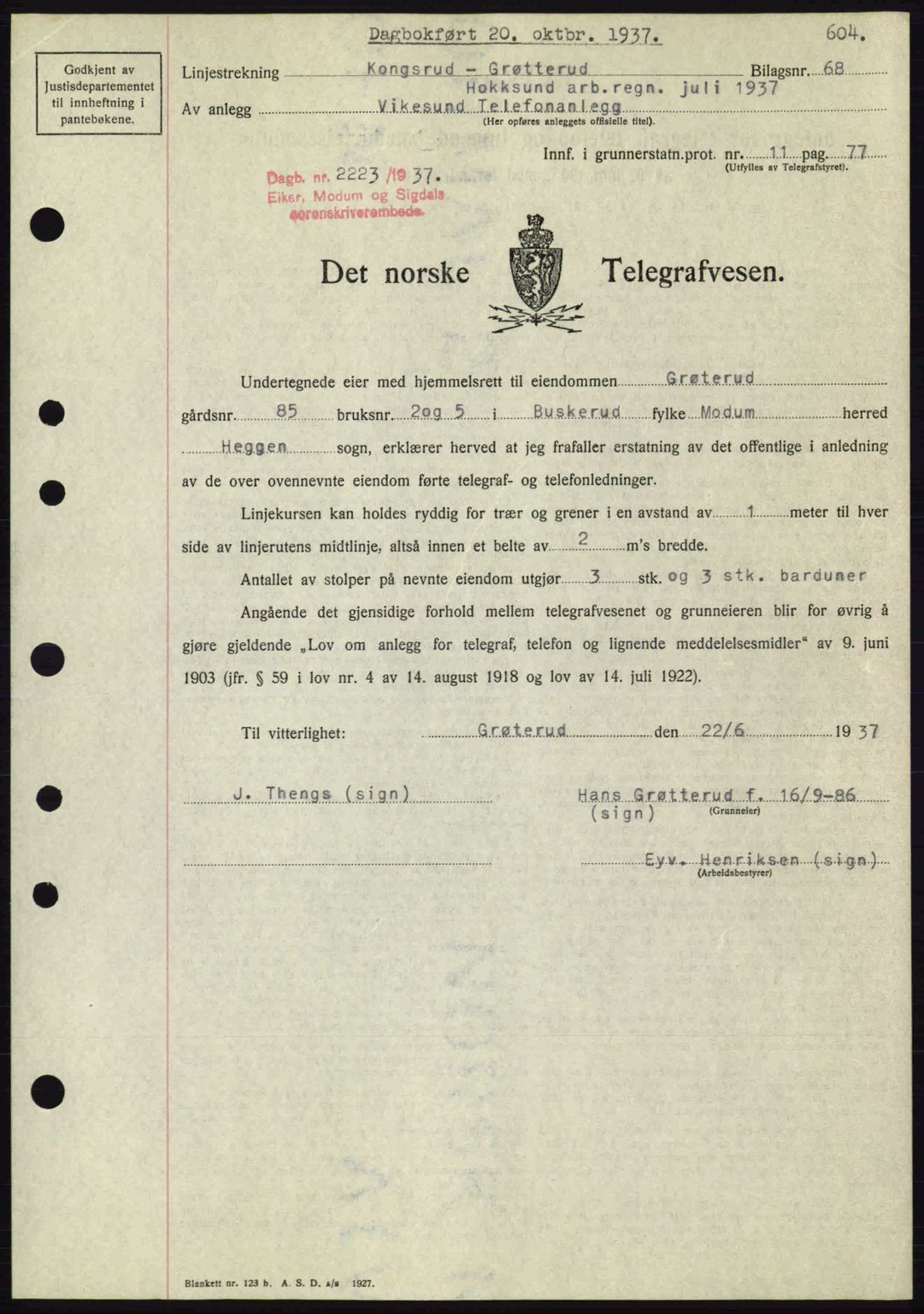 Eiker, Modum og Sigdal sorenskriveri, SAKO/A-123/G/Ga/Gab/L0036: Pantebok nr. A6, 1937-1937, Dagboknr: 2223/1937