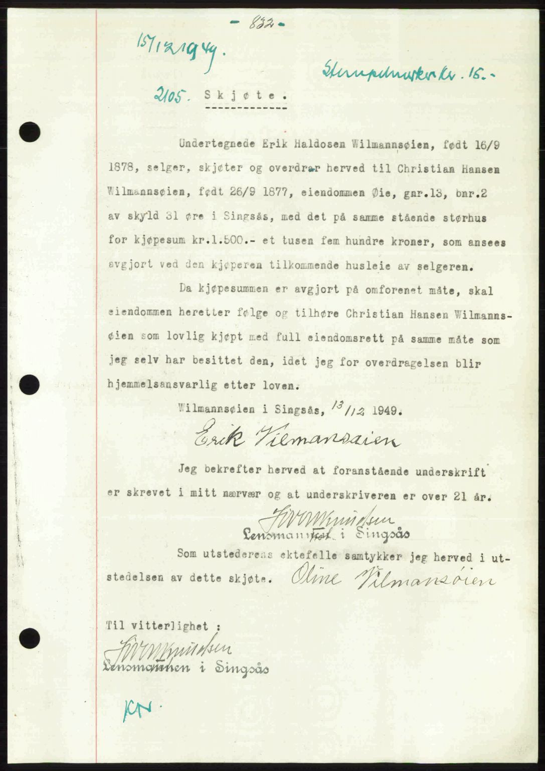 Gauldal sorenskriveri, SAT/A-0014/1/2/2C: Pantebok nr. A9, 1949-1950, Dagboknr: 2105/1949