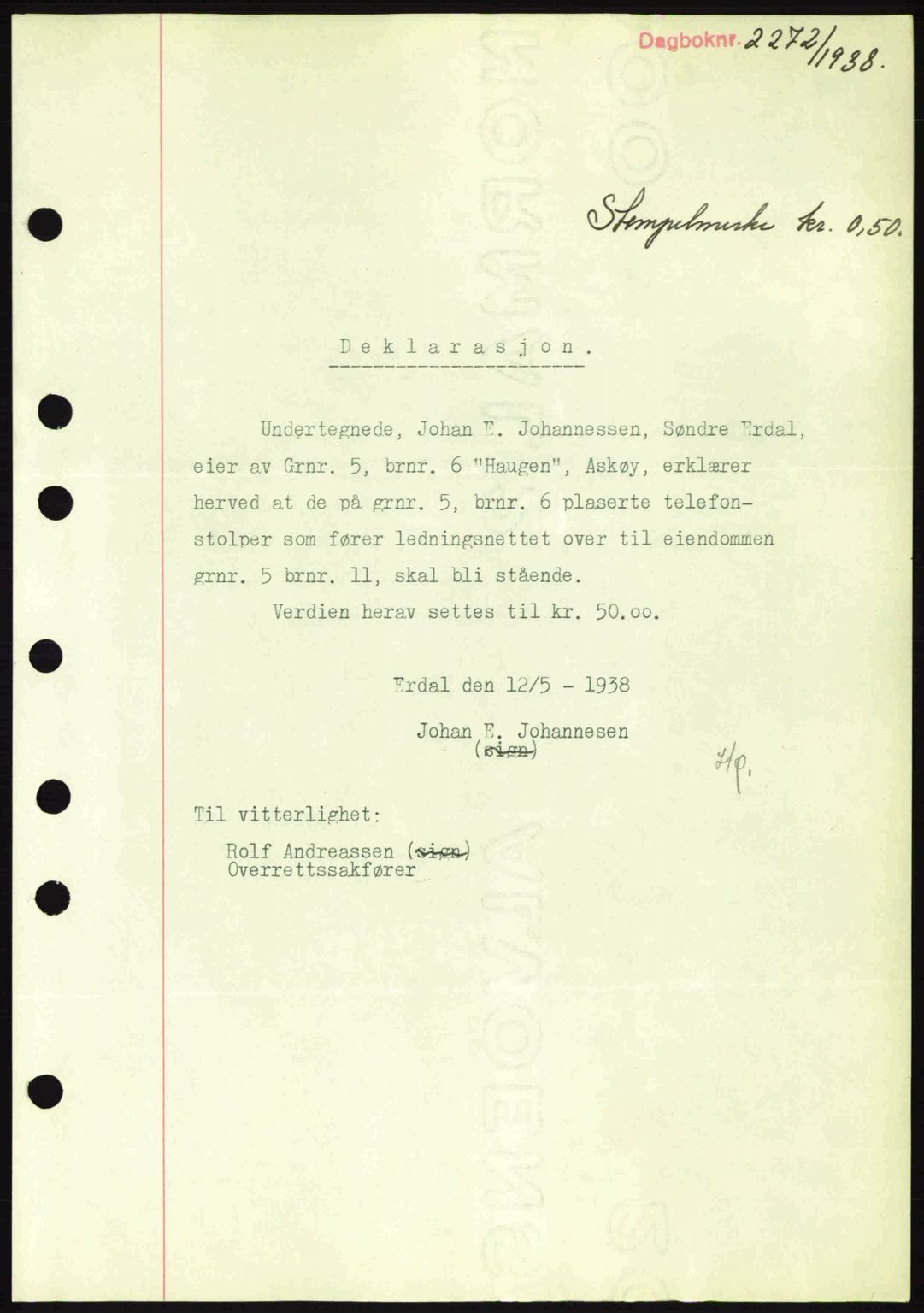 Midhordland sorenskriveri, SAB/A-3001/1/G/Gb/Gbh/L0005: Pantebok nr. A9-10, 1938-1938, Dagboknr: 2272/1938