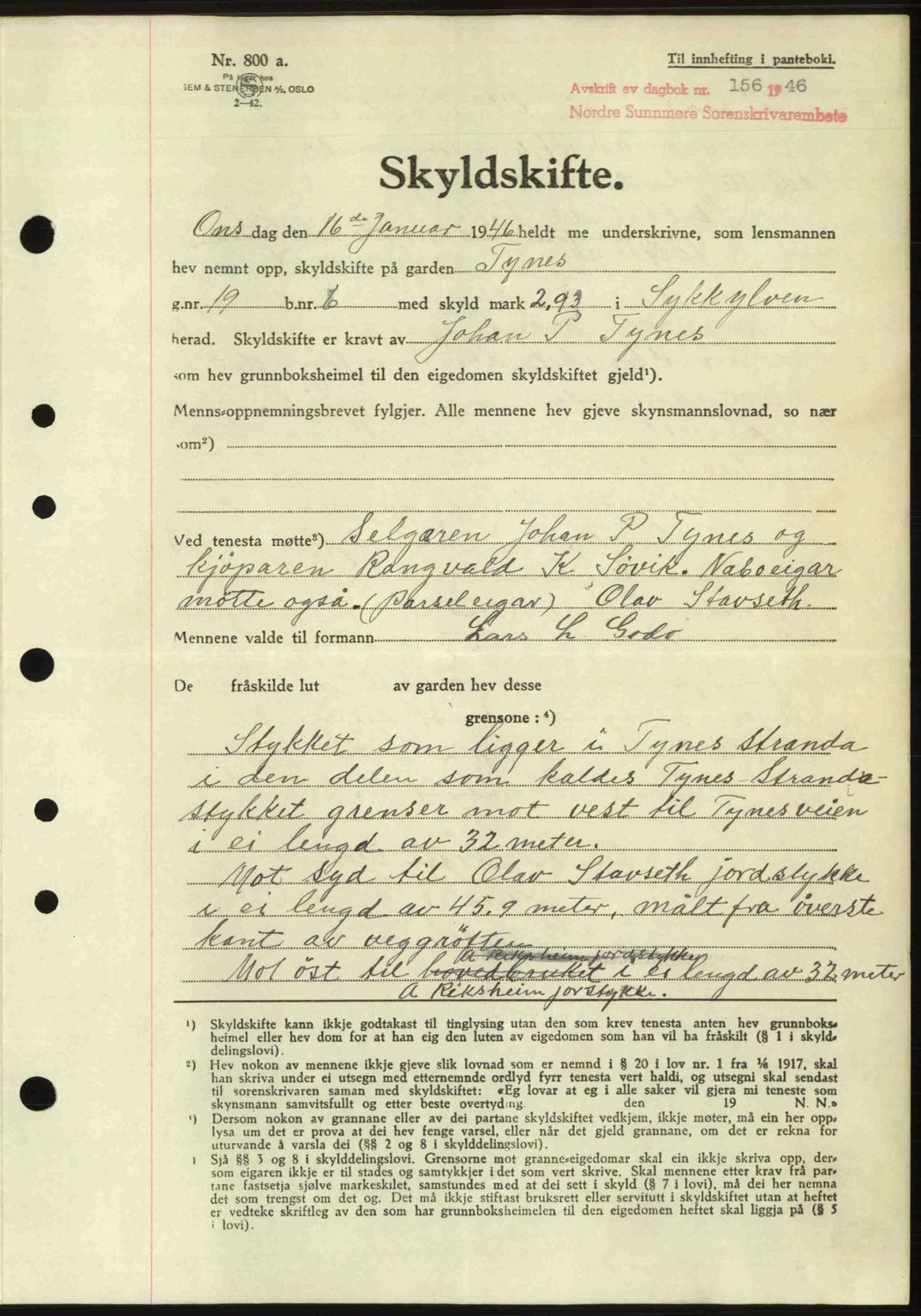 Nordre Sunnmøre sorenskriveri, AV/SAT-A-0006/1/2/2C/2Ca: Pantebok nr. A20b, 1946-1946, Dagboknr: 156/1946