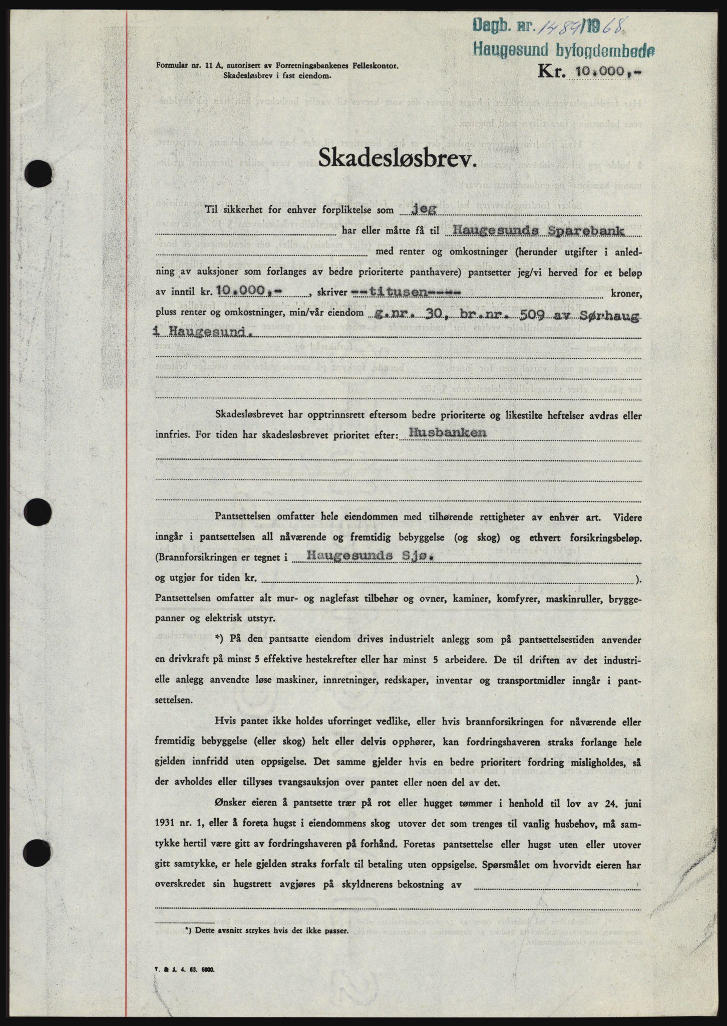 Haugesund tingrett, SAST/A-101415/01/II/IIC/L0058: Pantebok nr. B 58, 1967-1968, Dagboknr: 1489/1968