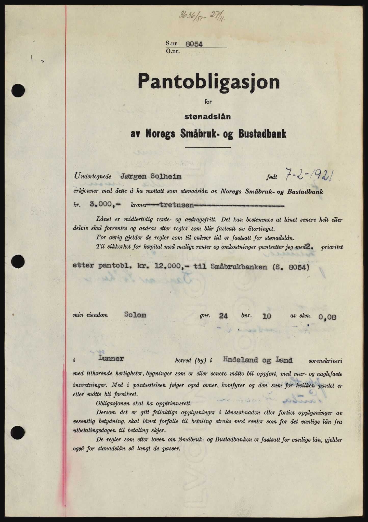 Hadeland og Land tingrett, SAH/TING-010/H/Hb/Hbc/L0022: Pantebok nr. B22, 1951-1951, Dagboknr: 3636/1951