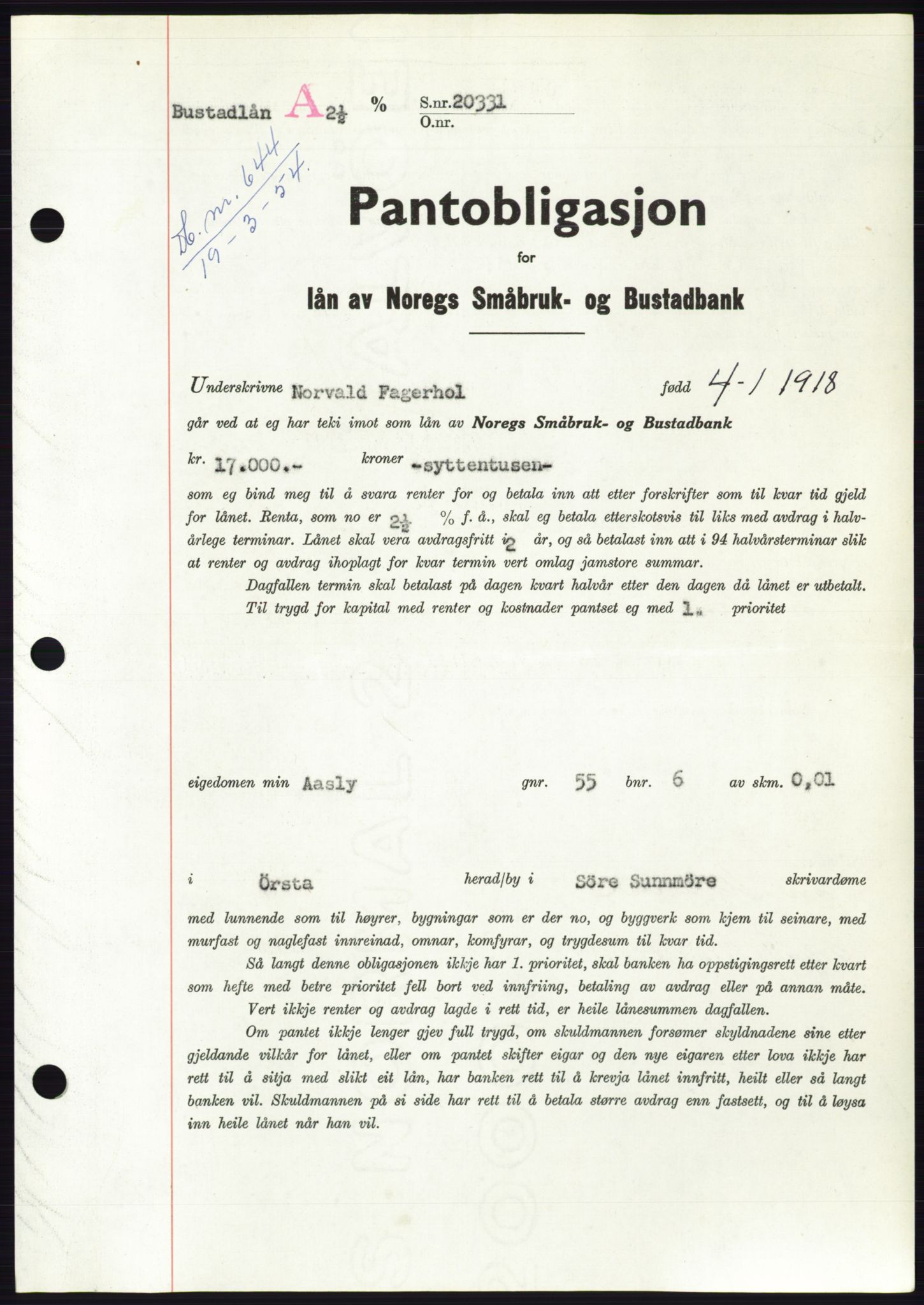 Søre Sunnmøre sorenskriveri, SAT/A-4122/1/2/2C/L0124: Pantebok nr. 12B, 1953-1954, Dagboknr: 644/1954