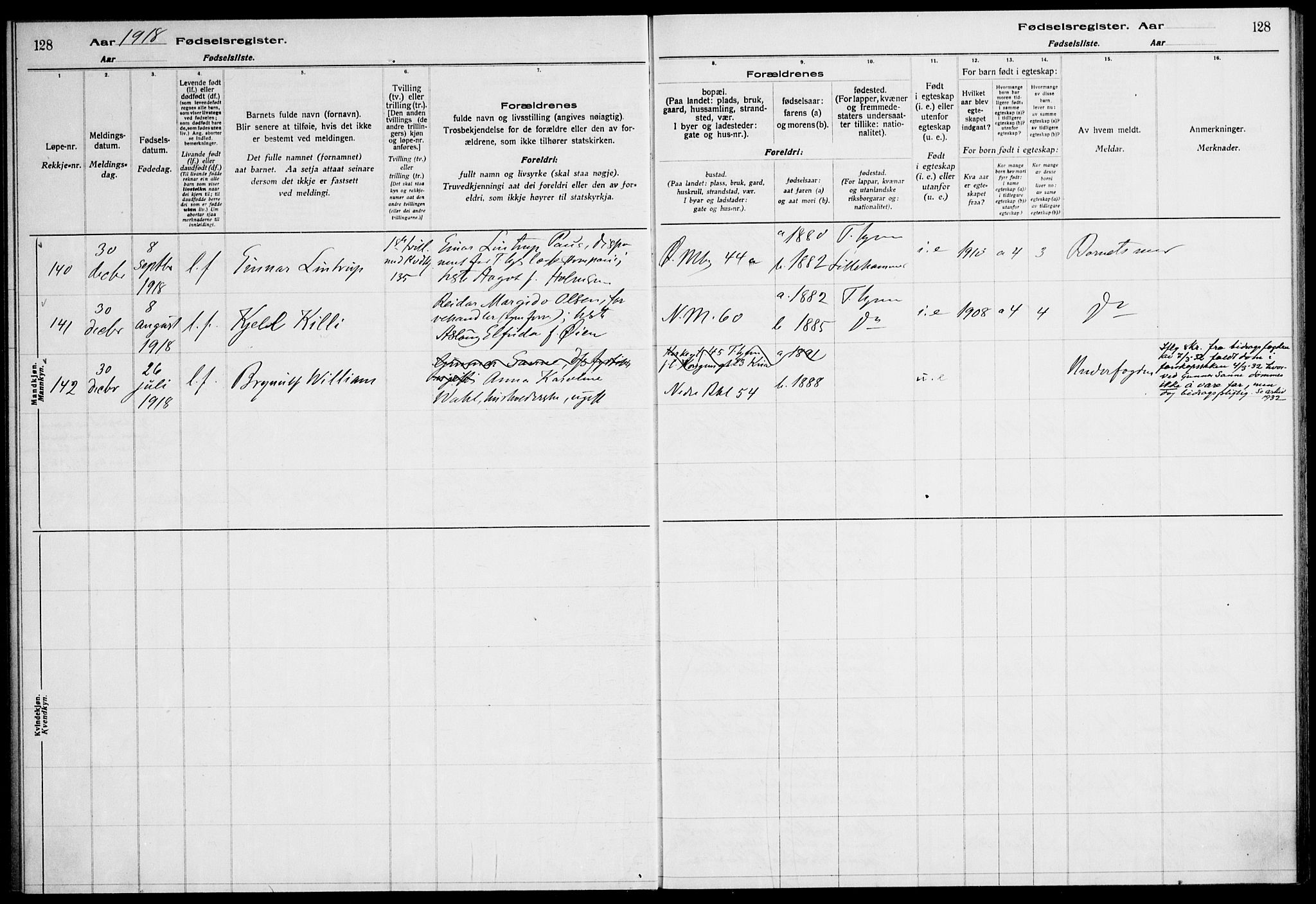 Ministerialprotokoller, klokkerbøker og fødselsregistre - Sør-Trøndelag, AV/SAT-A-1456/604/L0232: Fødselsregister nr. 604.II.4.1, 1916-1920, s. 128