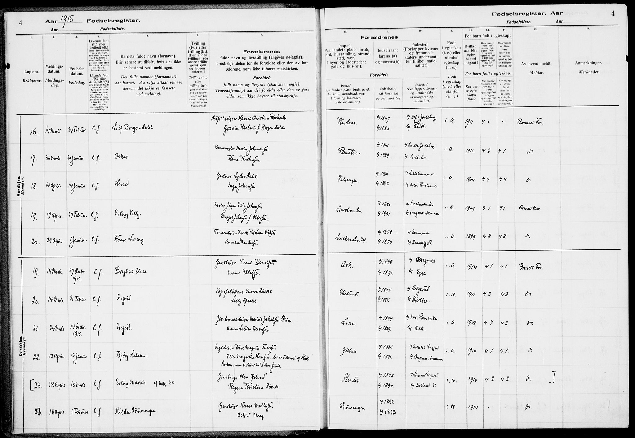 Lier kirkebøker, AV/SAKO-A-230/J/Ja/L0001: Fødselsregister nr. 1, 1916-1928, s. 4