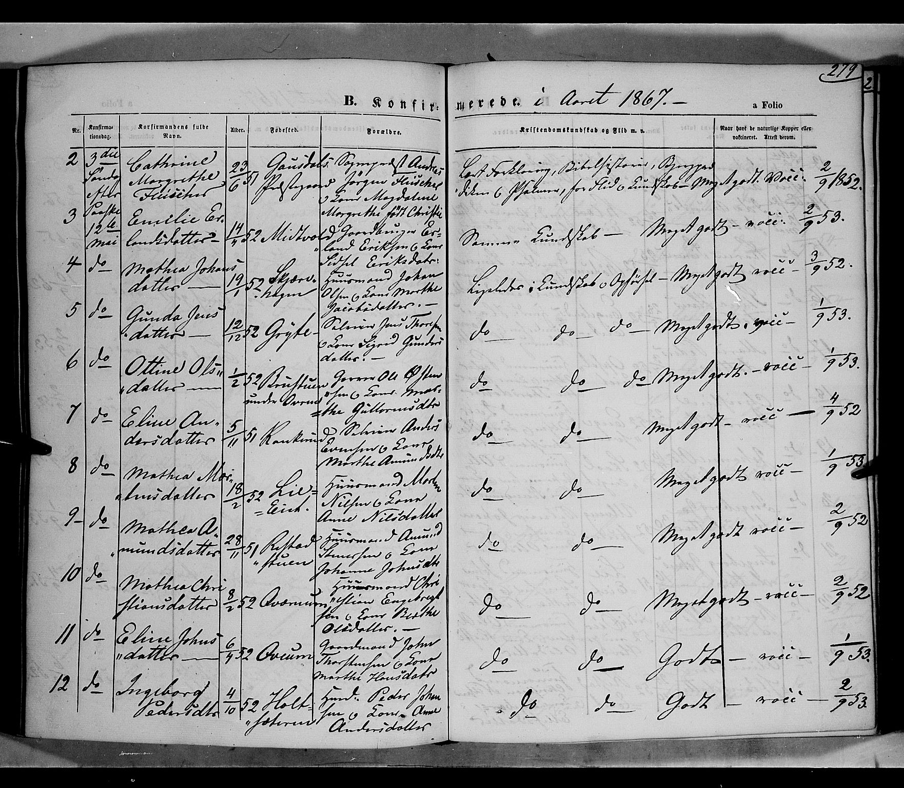Gausdal prestekontor, AV/SAH-PREST-090/H/Ha/Haa/L0009: Ministerialbok nr. 9, 1862-1873, s. 279