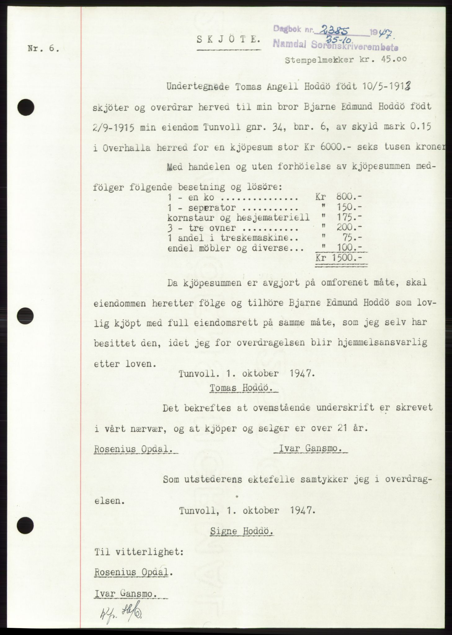 Namdal sorenskriveri, SAT/A-4133/1/2/2C: Pantebok nr. -, 1947-1947, Dagboknr: 2385/1947
