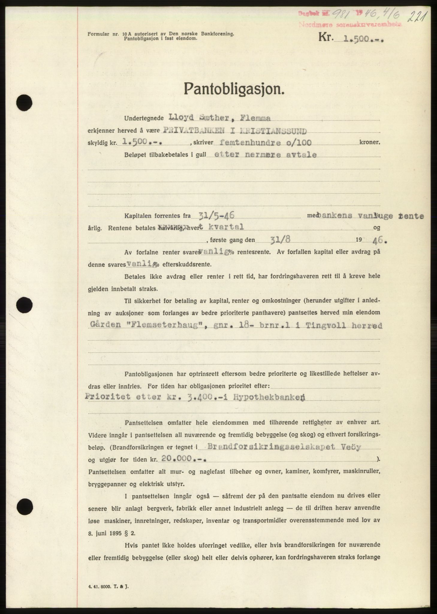 Nordmøre sorenskriveri, SAT/A-4132/1/2/2Ca: Pantebok nr. B94, 1946-1946, Dagboknr: 981/1946
