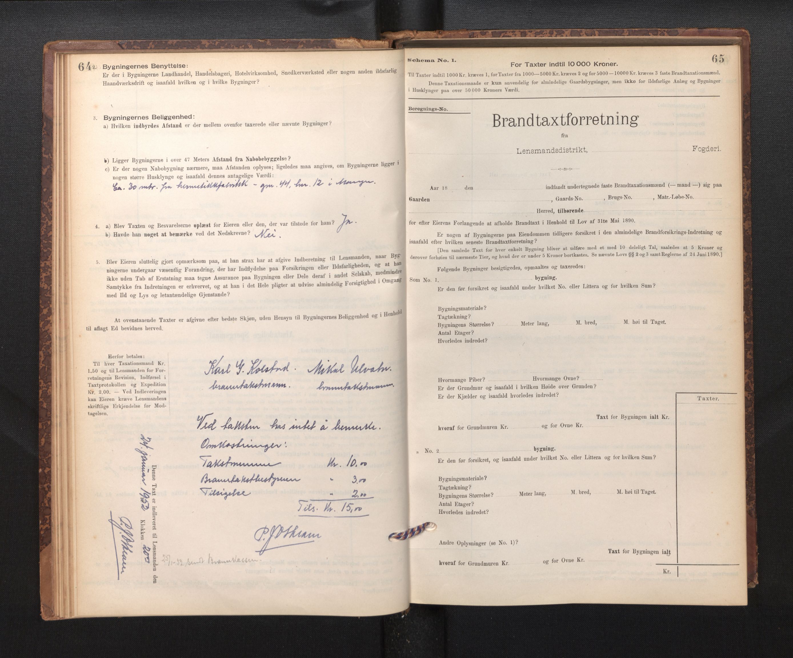 Lensmannen i Manger, SAB/A-33701/0012/L0004: Branntakstprotokoll, skjematakst, 1894-1952, s. 64-65