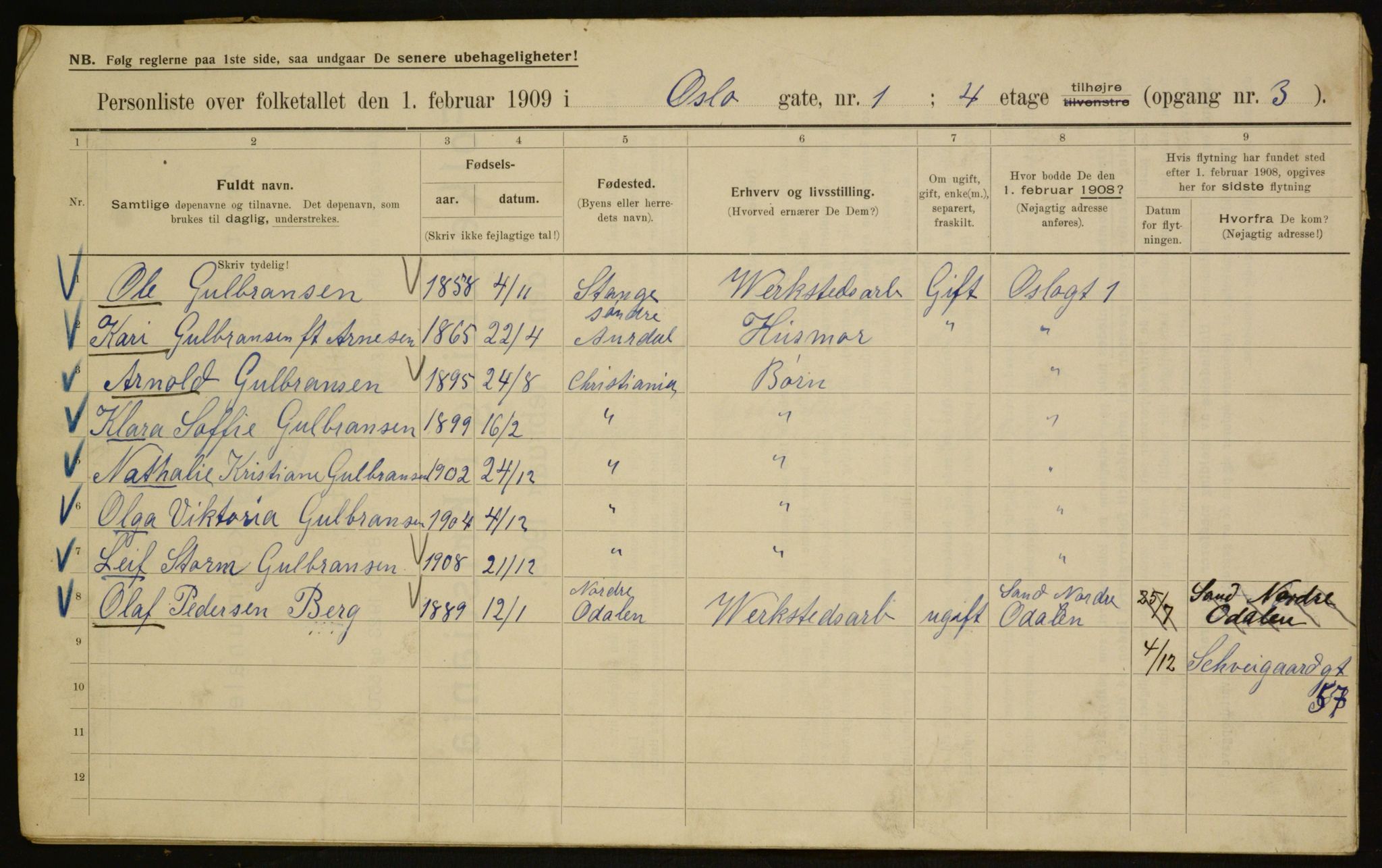 OBA, Kommunal folketelling 1.2.1909 for Kristiania kjøpstad, 1909, s. 69601