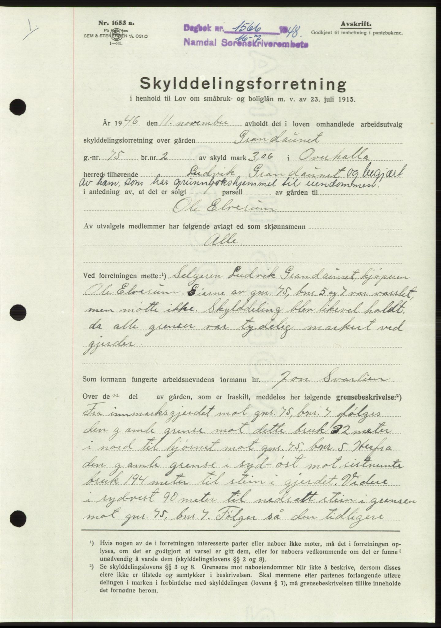 Namdal sorenskriveri, SAT/A-4133/1/2/2C: Pantebok nr. -, 1948-1948, Dagboknr: 1566/1948