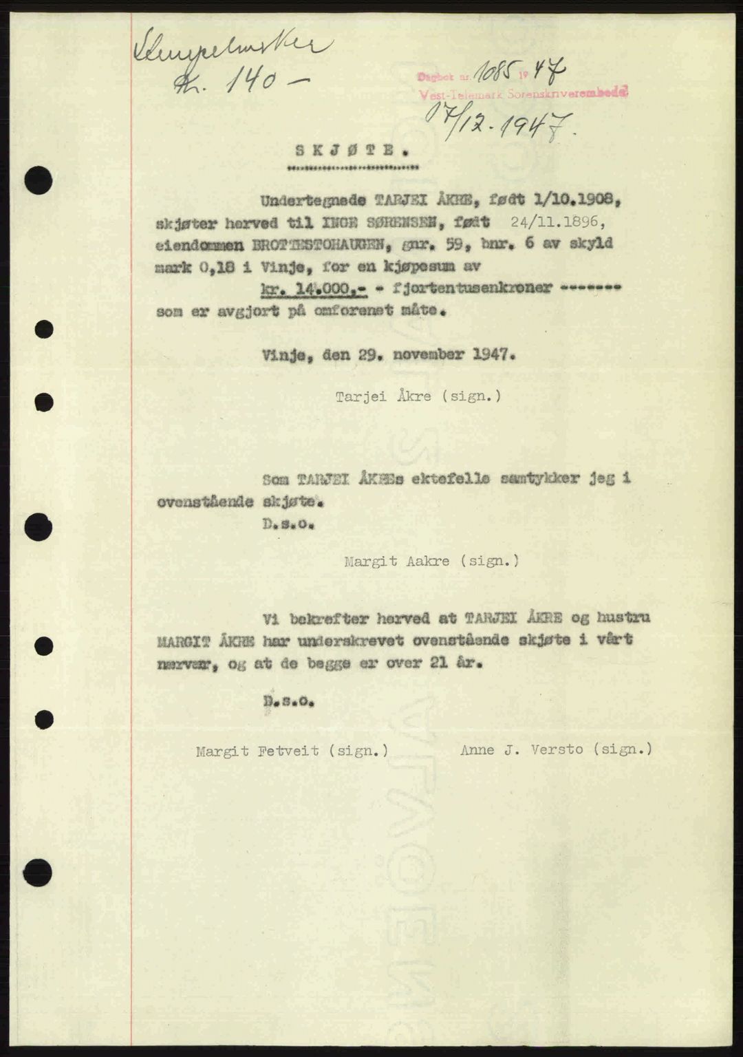 Vest-Telemark sorenskriveri, SAKO/A-134/G/Ga/Gac/L0008: Pantebok nr. A-8, 1947-1948, Dagboknr: 1085/1947