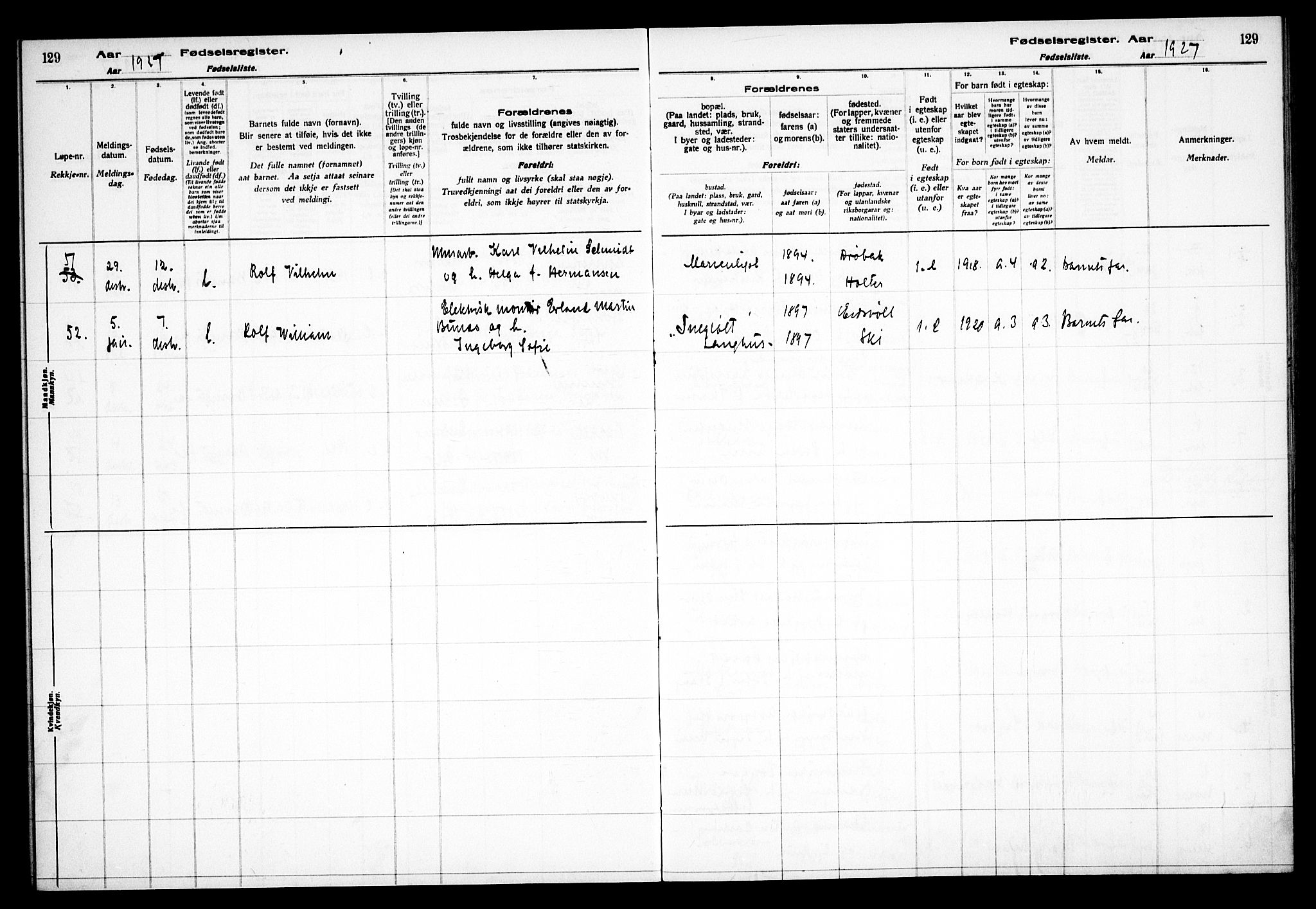 Kråkstad prestekontor Kirkebøker, AV/SAO-A-10125a/J/Jb/L0001: Fødselsregister nr. II 1, 1916-1936, s. 129