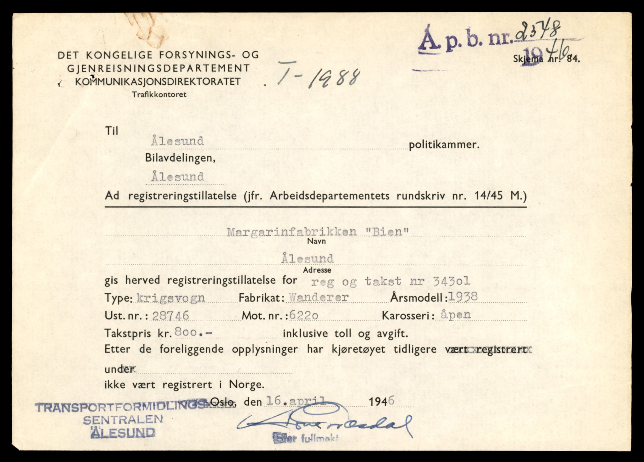 Møre og Romsdal vegkontor - Ålesund trafikkstasjon, AV/SAT-A-4099/F/Fe/L0017: Registreringskort for kjøretøy T 1985 - T 10090, 1927-1998, s. 81