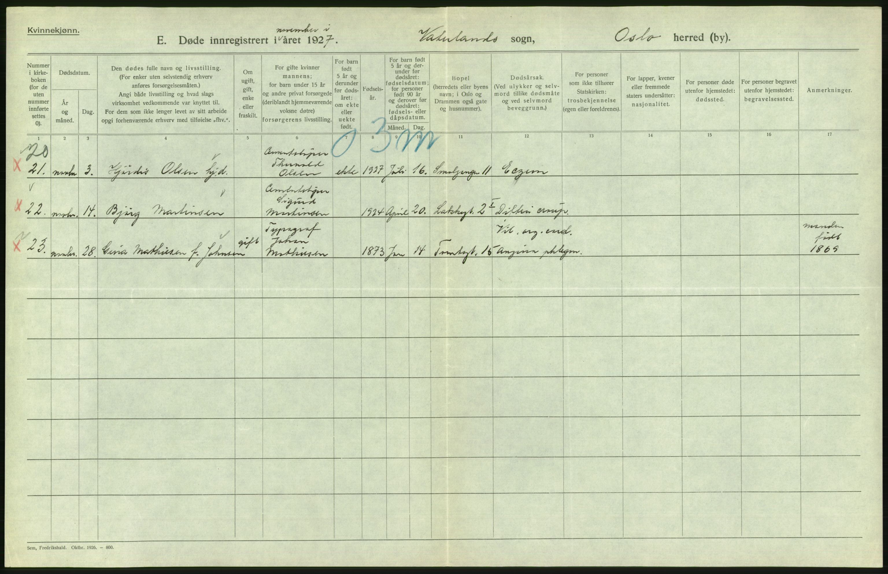 Statistisk sentralbyrå, Sosiodemografiske emner, Befolkning, AV/RA-S-2228/D/Df/Dfc/Dfcg/L0010: Oslo: Døde kvinner, dødfødte, 1927, s. 602