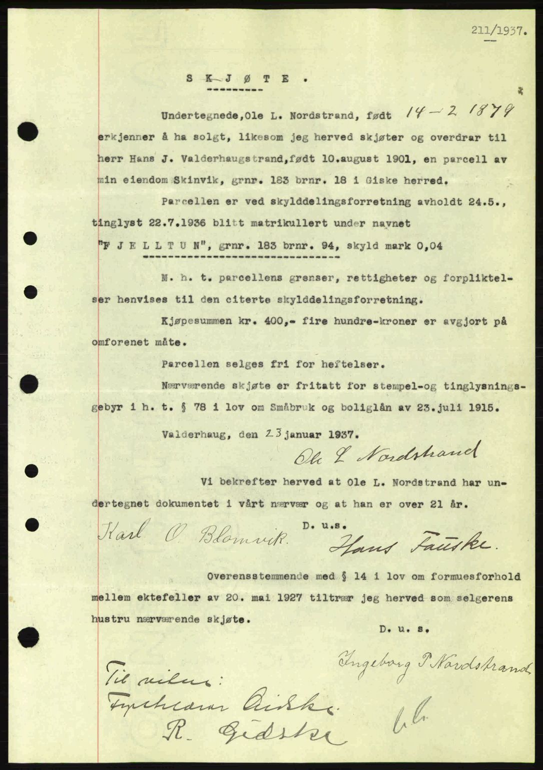Nordre Sunnmøre sorenskriveri, SAT/A-0006/1/2/2C/2Ca: Pantebok nr. A2, 1936-1937, Dagboknr: 211/1937