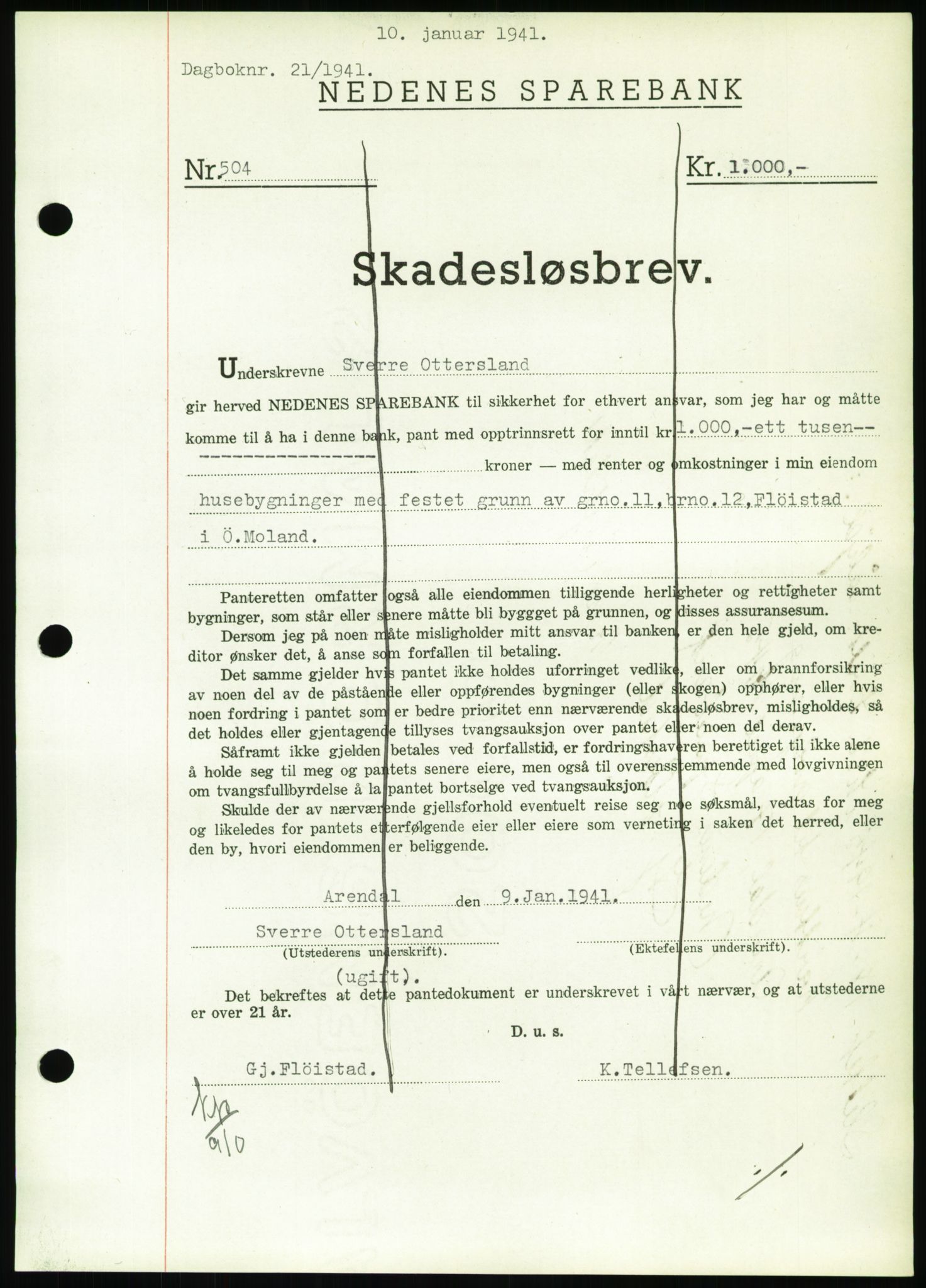 Nedenes sorenskriveri, AV/SAK-1221-0006/G/Gb/Gbb/L0001: Pantebok nr. I, 1939-1942, Dagboknr: 21/1941