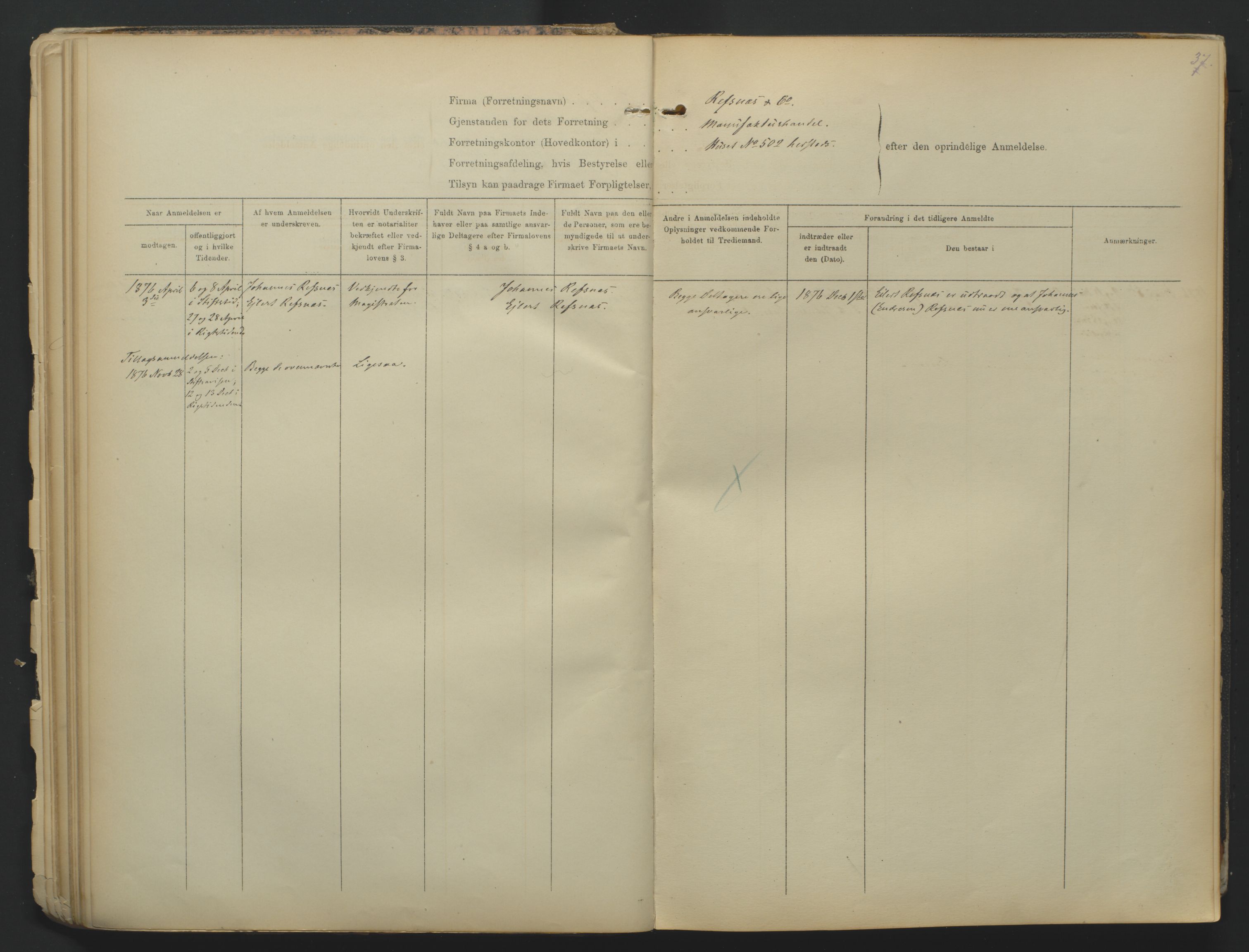 Kristiansand byrett, AV/SAK-1223-0001/K/Kb/L0001: Firmaregister A, med register, 1874-1890, s. 37