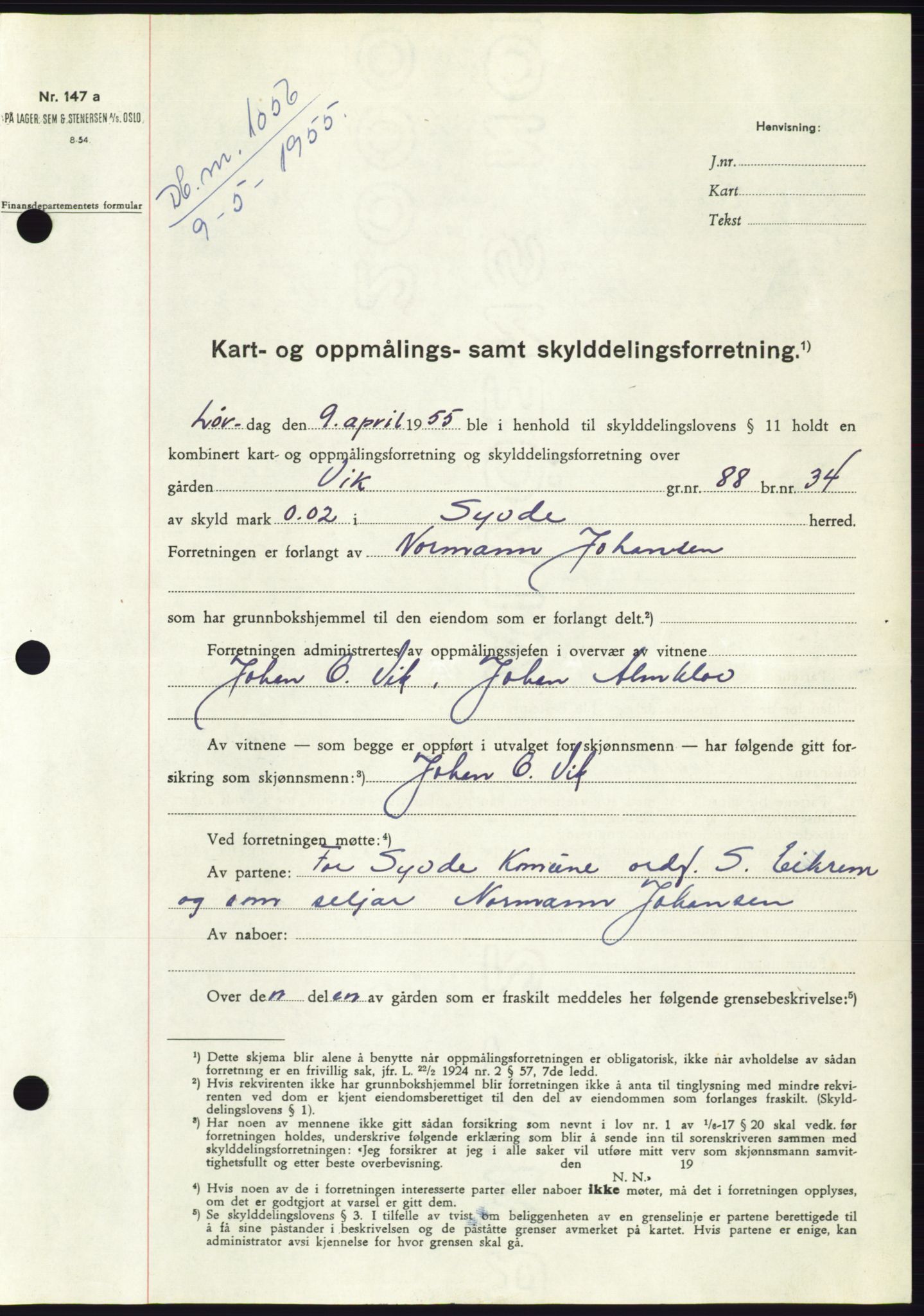 Søre Sunnmøre sorenskriveri, SAT/A-4122/1/2/2C/L0100: Pantebok nr. 26A, 1954-1955, Dagboknr: 1006/1955