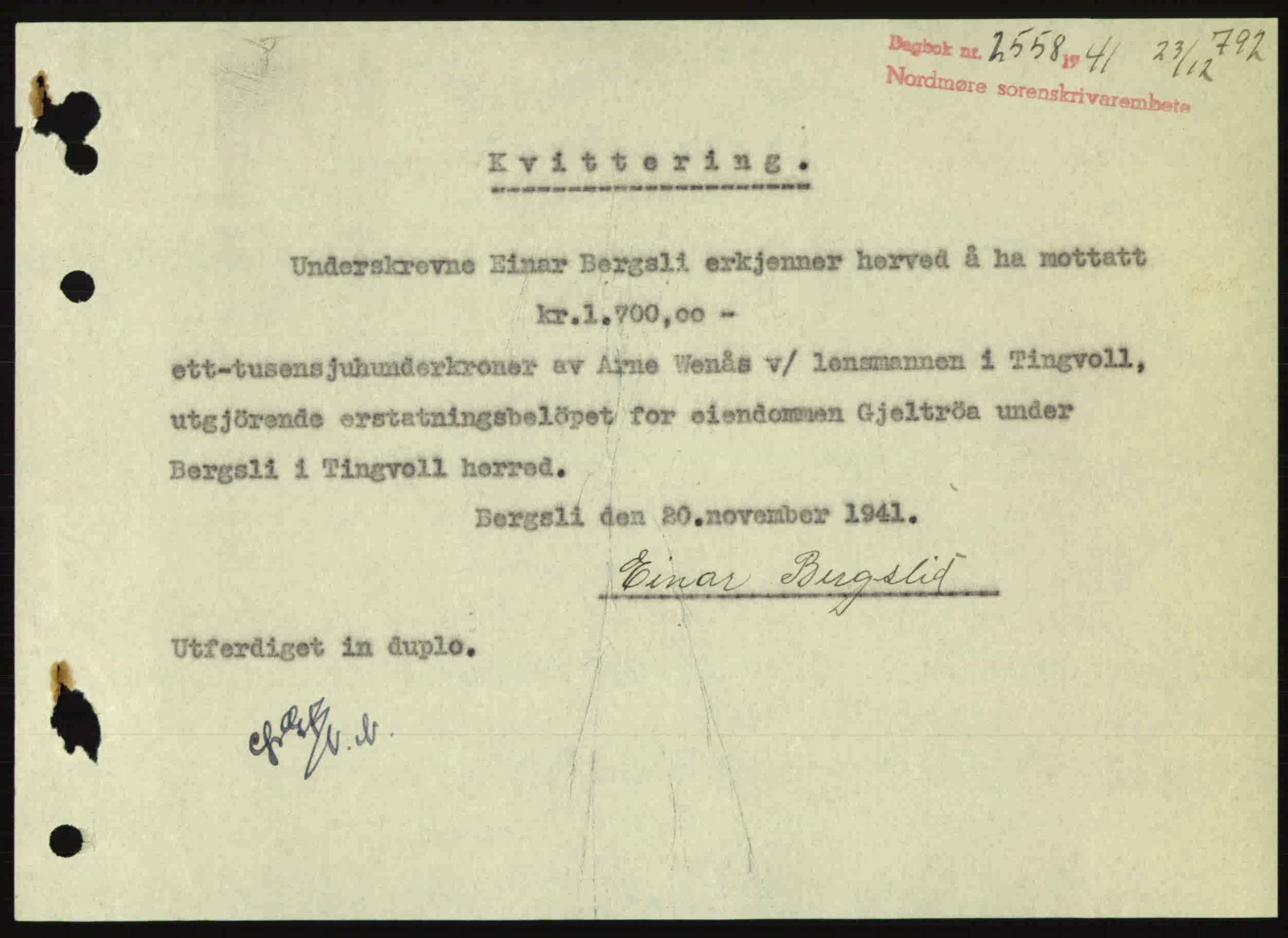 Nordmøre sorenskriveri, SAT/A-4132/1/2/2Ca: Pantebok nr. B88, 1941-1942, Dagboknr: 2558/1941