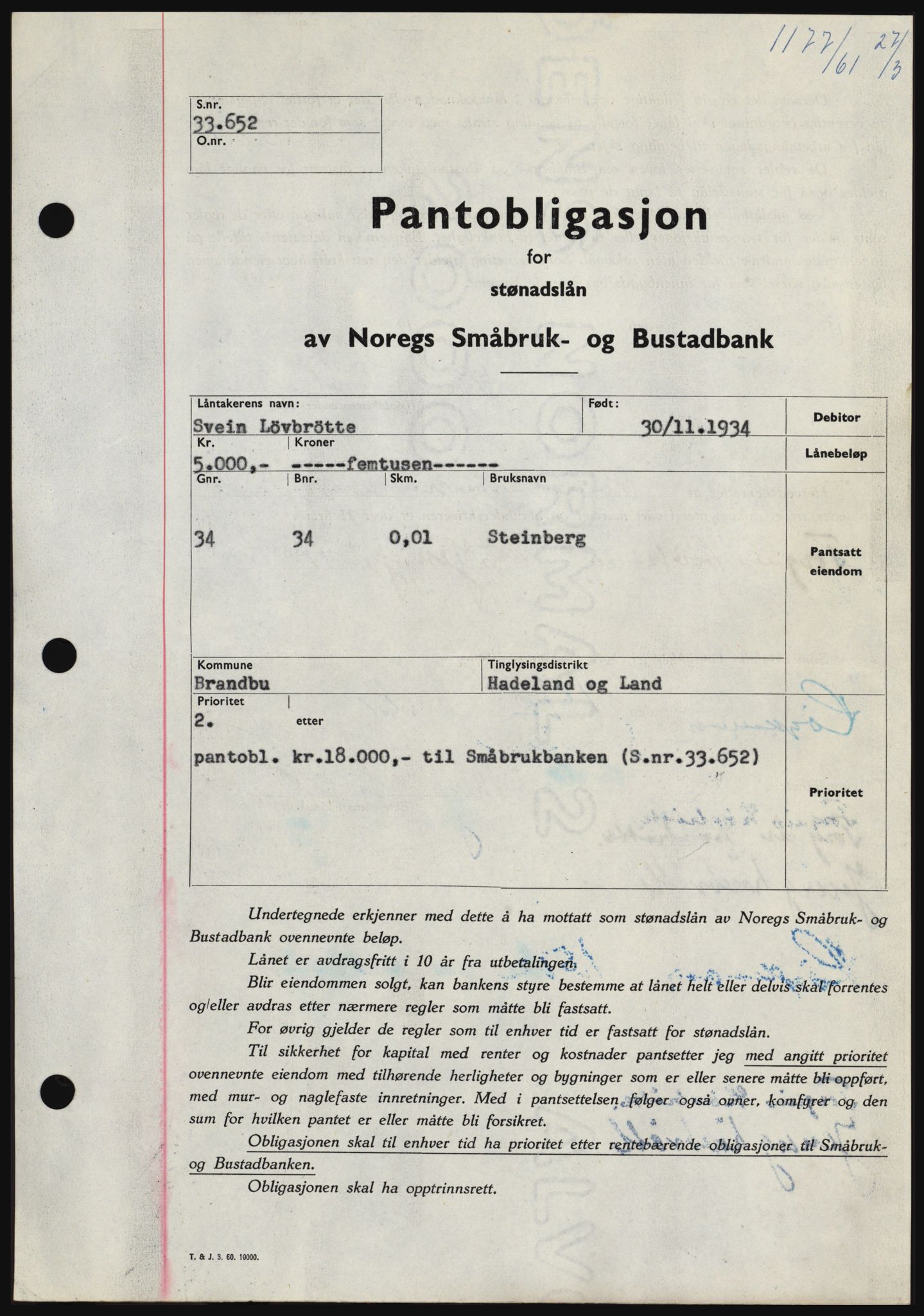 Hadeland og Land tingrett, SAH/TING-010/H/Hb/Hbc/L0045: Pantebok nr. B45, 1961-1961, Dagboknr: 1177/1961