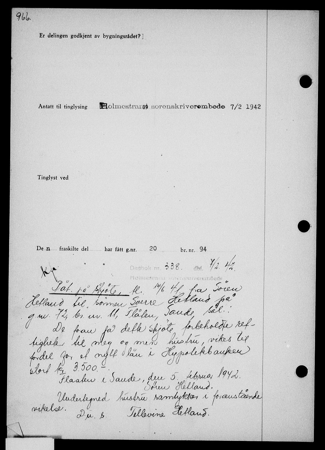 Holmestrand sorenskriveri, SAKO/A-67/G/Ga/Gaa/L0054: Pantebok nr. A-54, 1941-1942, Dagboknr: 338/1942