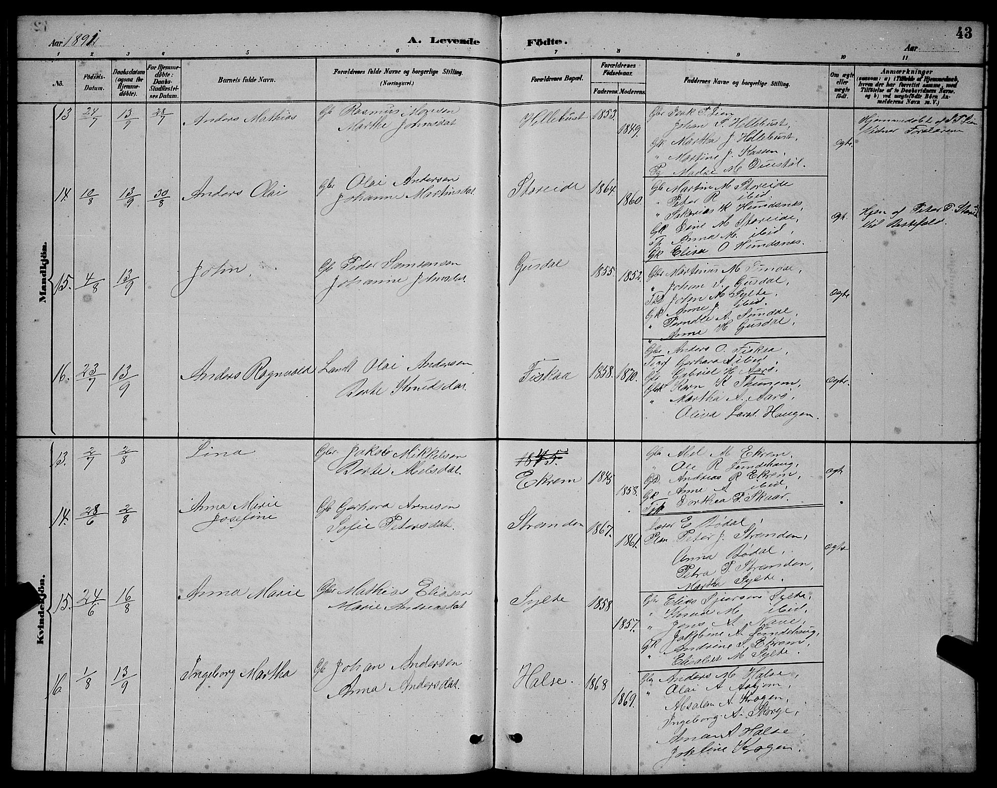 Ministerialprotokoller, klokkerbøker og fødselsregistre - Møre og Romsdal, AV/SAT-A-1454/501/L0017: Klokkerbok nr. 501C03, 1885-1901, s. 43