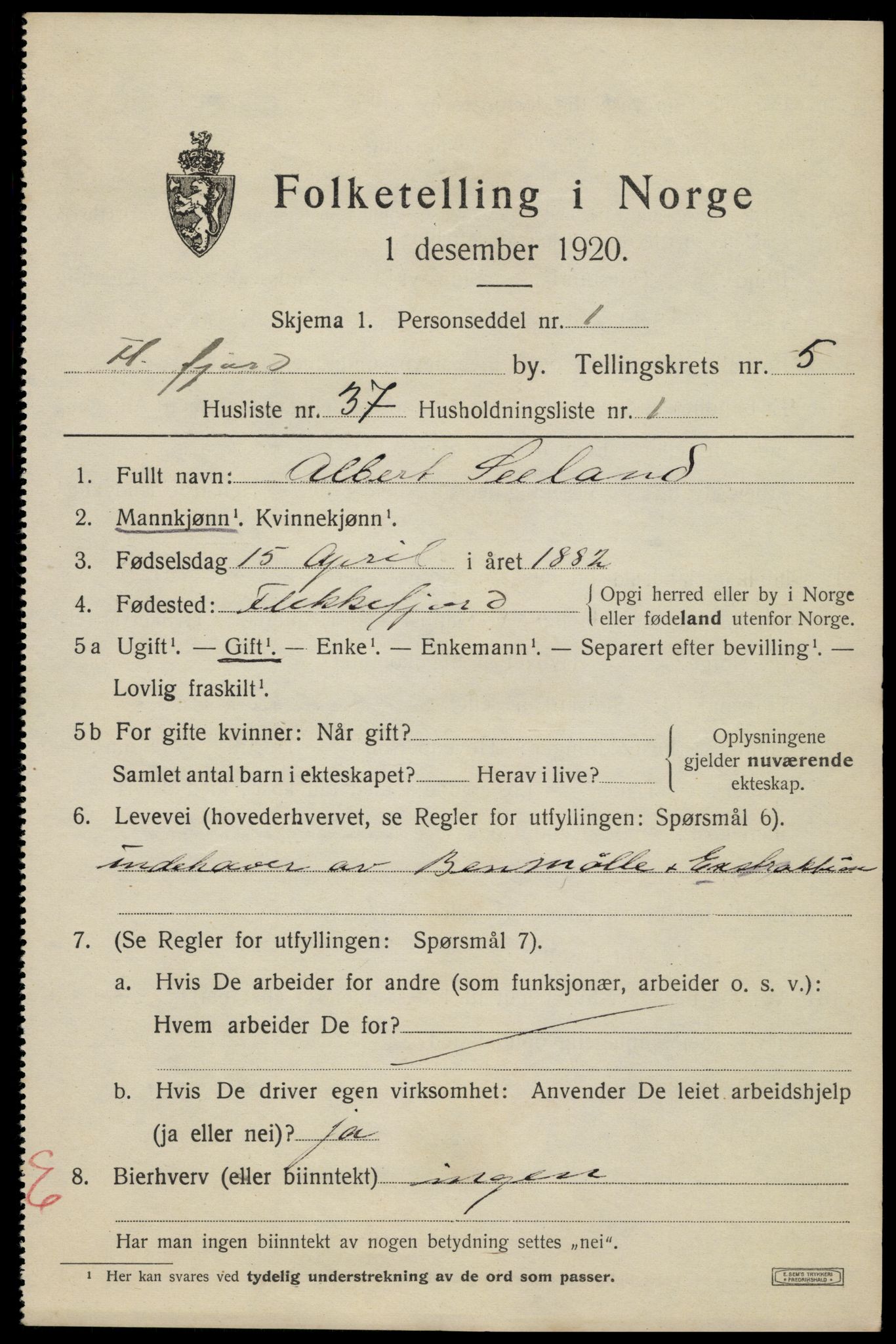 SAK, Folketelling 1920 for 1004 Flekkefjord kjøpstad, 1920, s. 5744