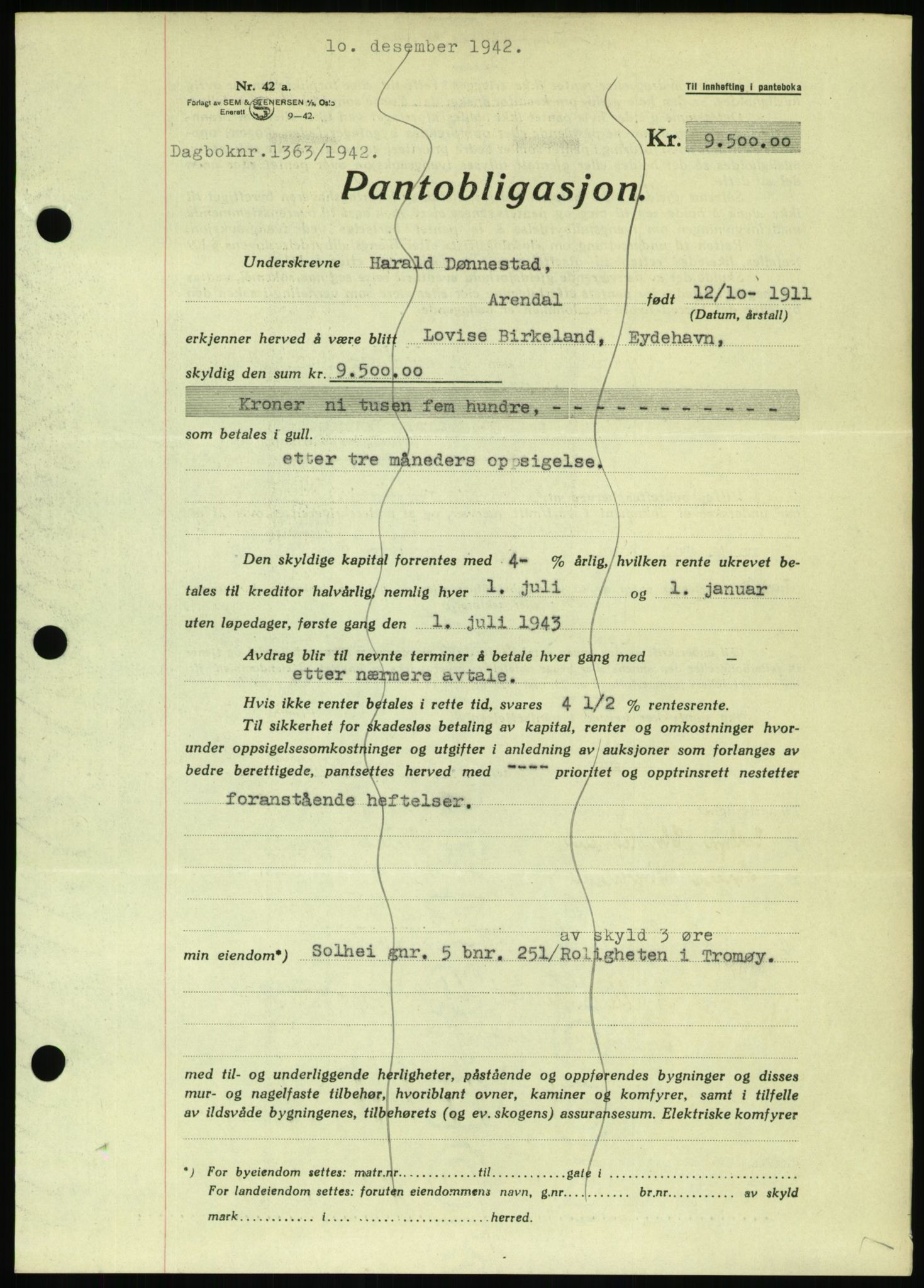 Nedenes sorenskriveri, SAK/1221-0006/G/Gb/Gbb/L0002: Pantebok nr. II, 1942-1945, Dagboknr: 1363/1942