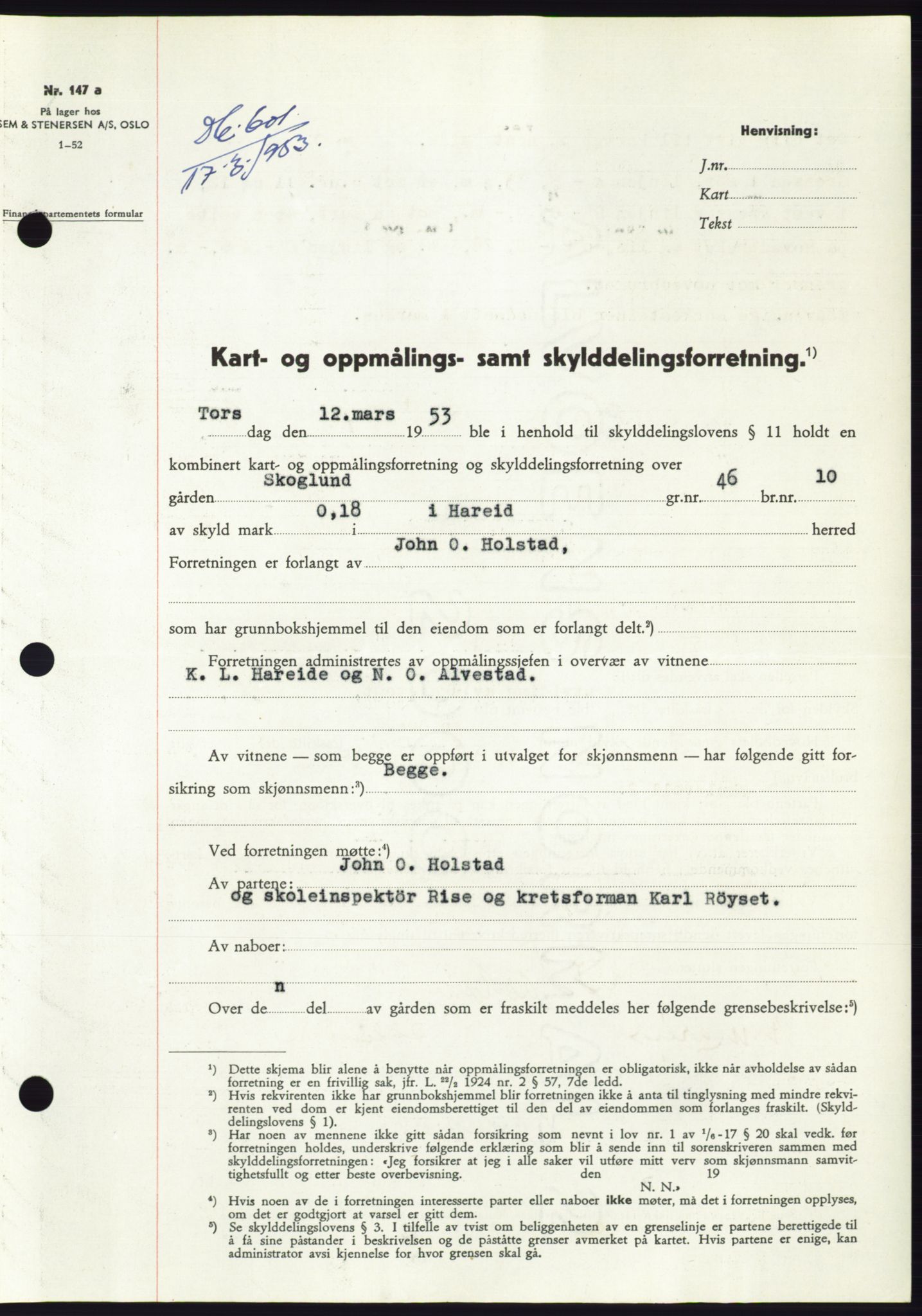 Søre Sunnmøre sorenskriveri, SAT/A-4122/1/2/2C/L0094: Pantebok nr. 20A, 1953-1953, Dagboknr: 601/1953