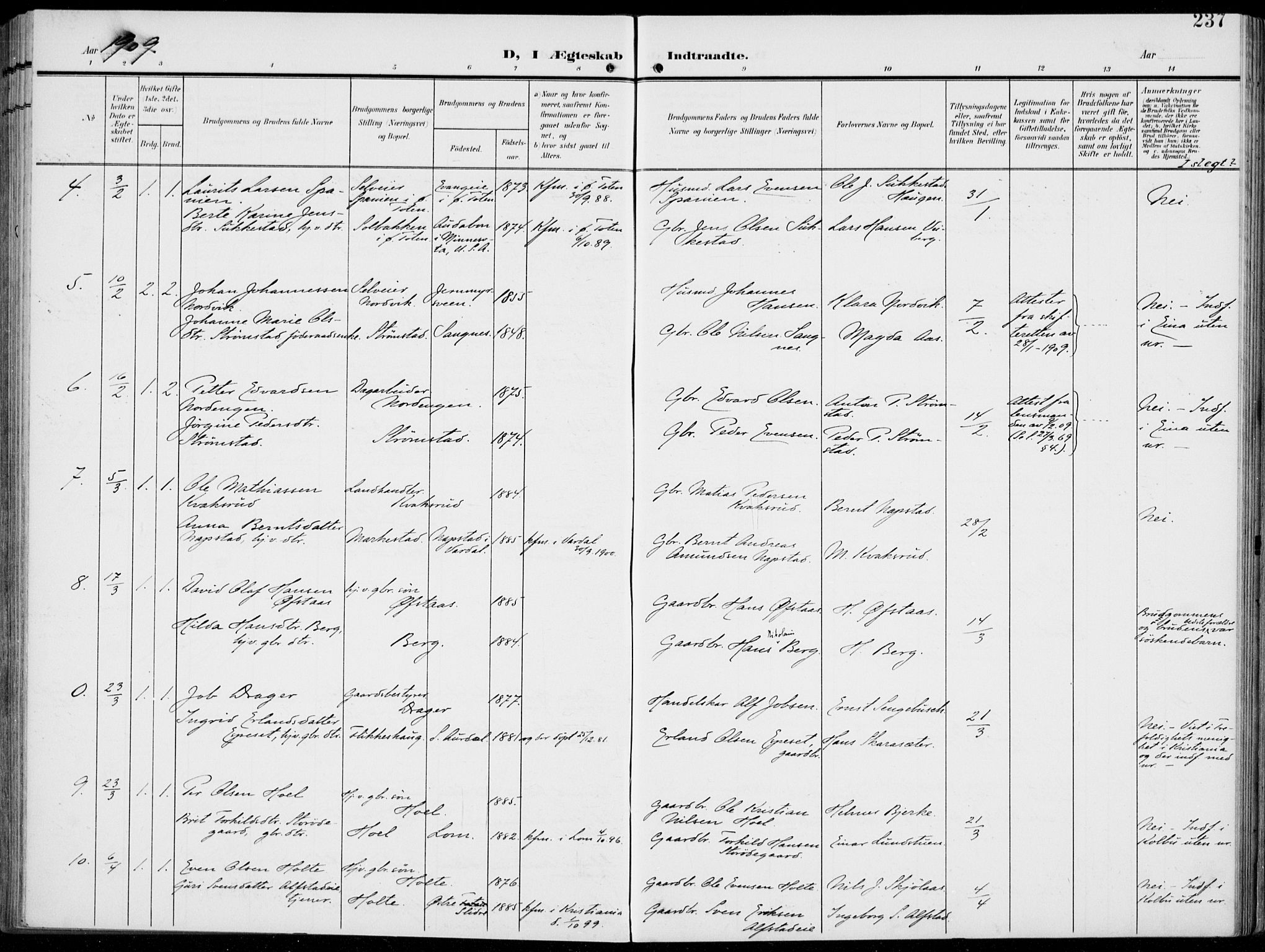 Vestre Toten prestekontor, SAH/PREST-108/H/Ha/Haa/L0014: Ministerialbok nr. 14, 1907-1920, s. 237