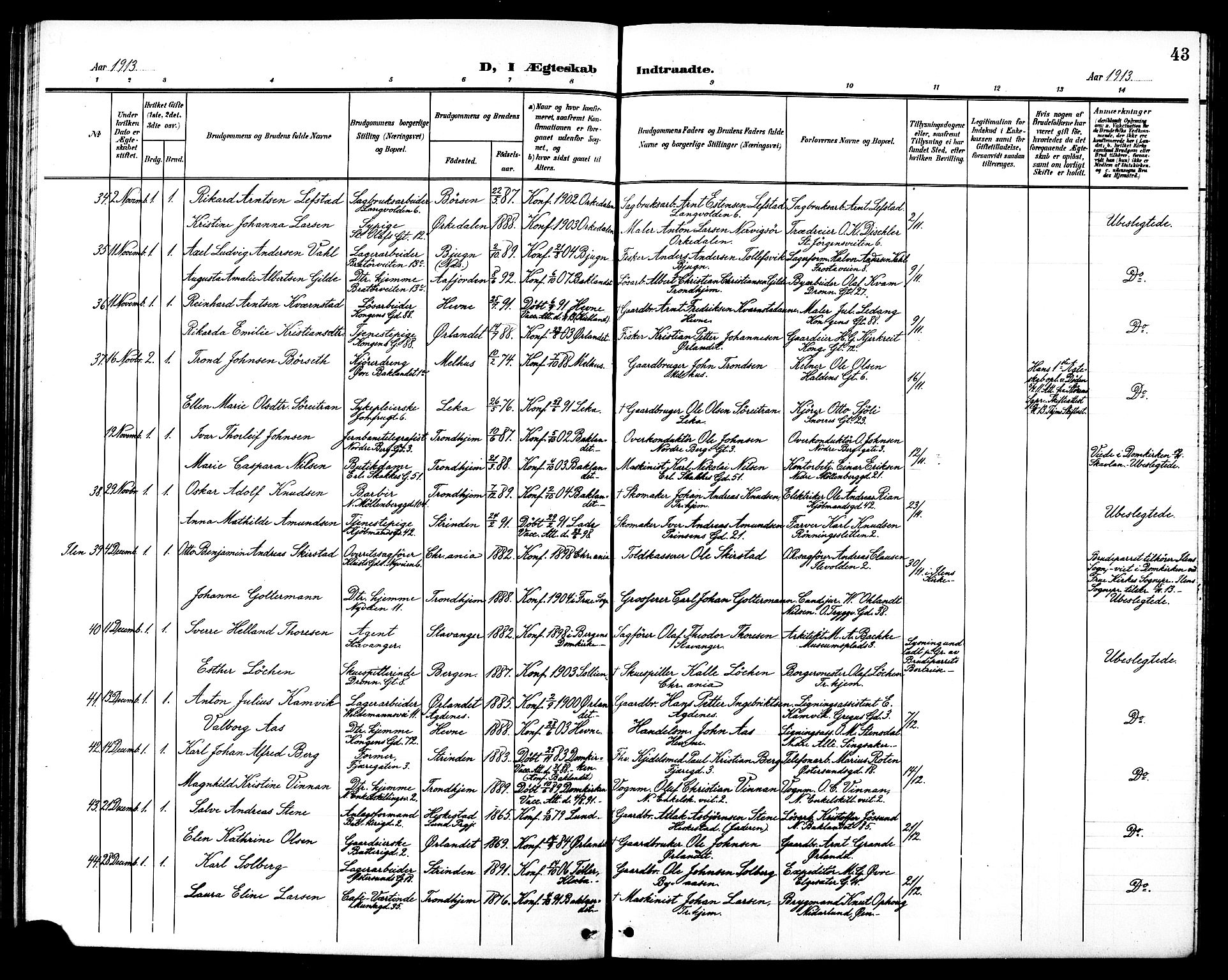 Ministerialprotokoller, klokkerbøker og fødselsregistre - Sør-Trøndelag, AV/SAT-A-1456/602/L0145: Klokkerbok nr. 602C13, 1902-1919, s. 43
