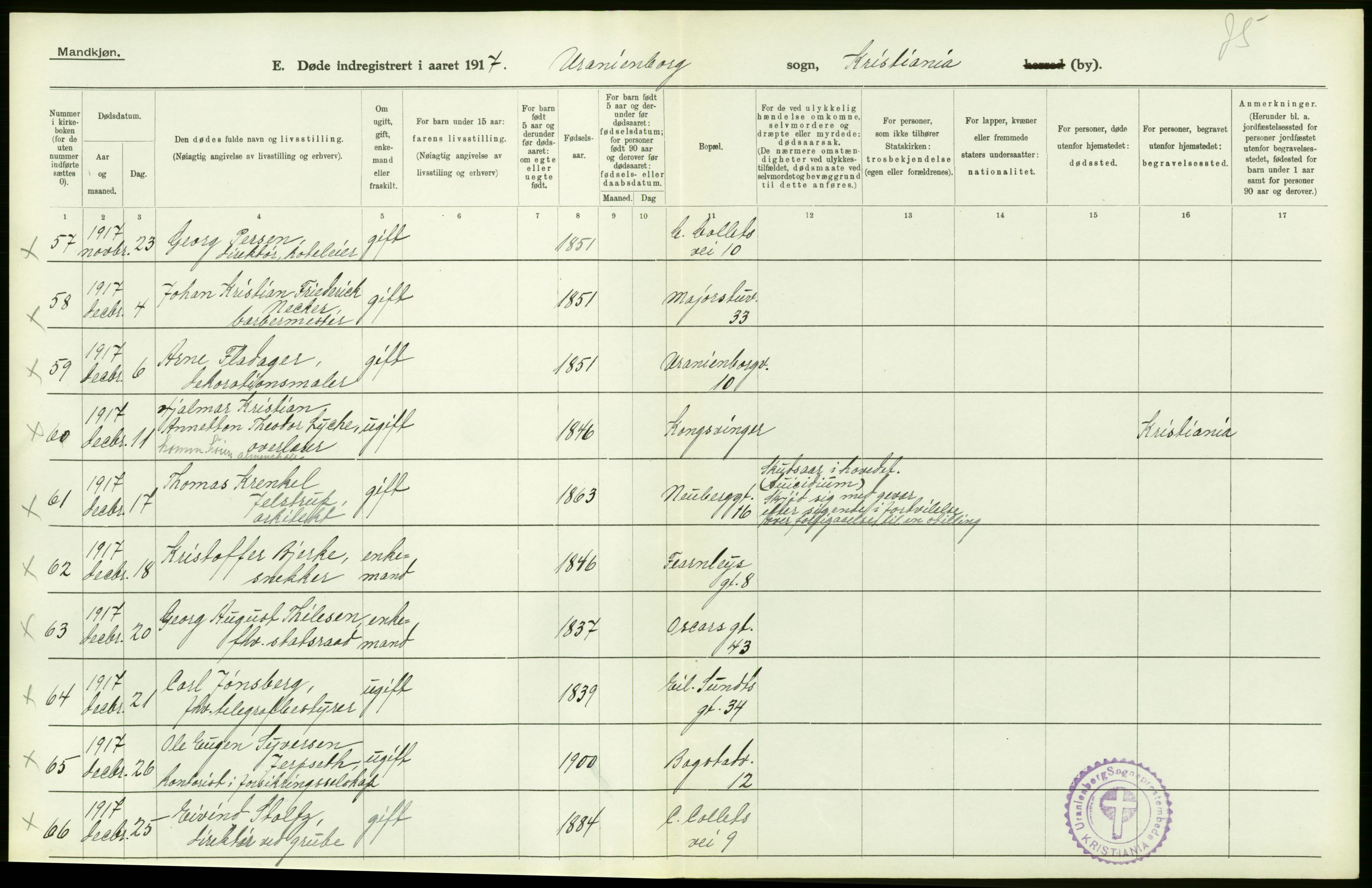 Statistisk sentralbyrå, Sosiodemografiske emner, Befolkning, AV/RA-S-2228/D/Df/Dfb/Dfbg/L0010: Kristiania: Døde, 1917, s. 458