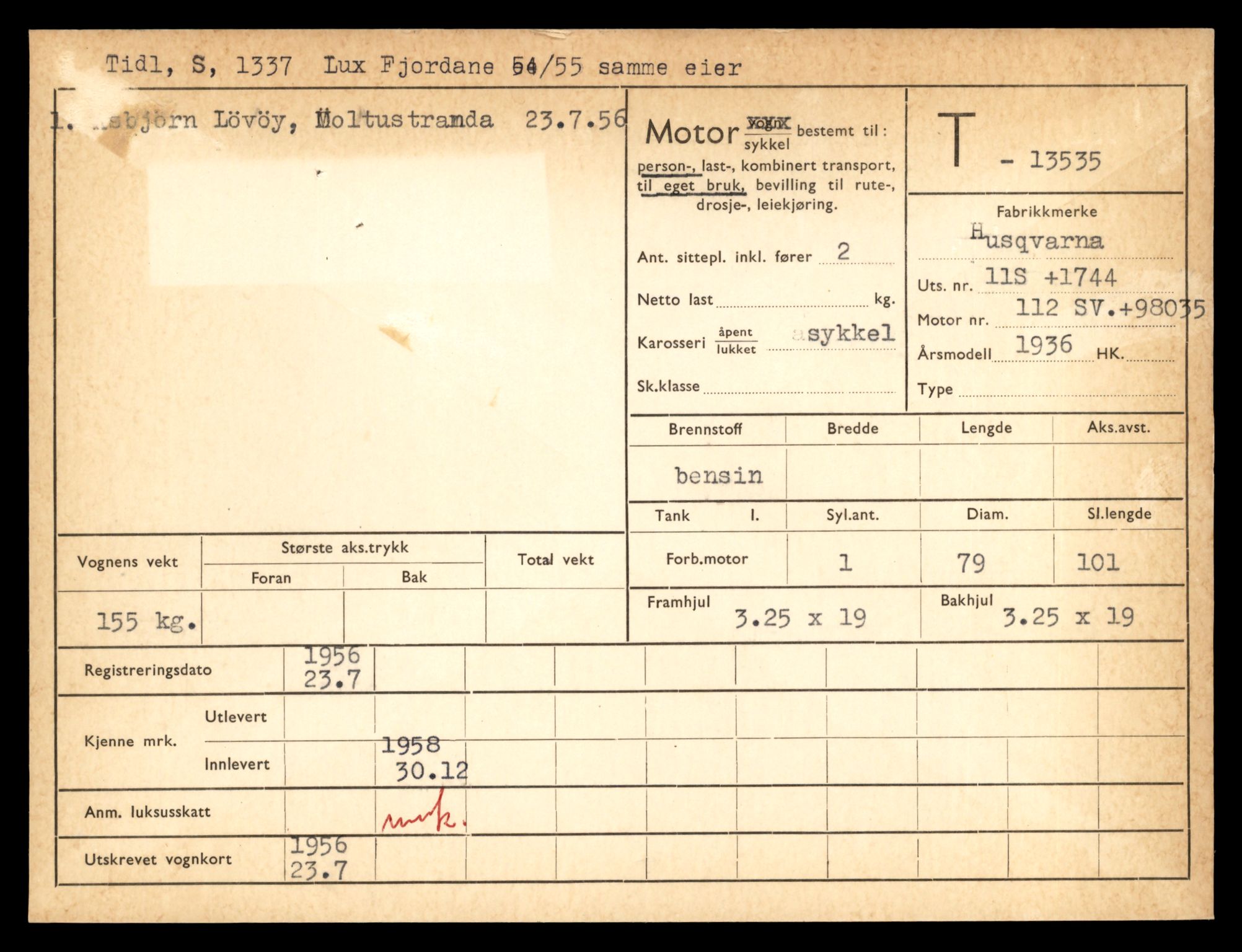 Møre og Romsdal vegkontor - Ålesund trafikkstasjon, AV/SAT-A-4099/F/Fe/L0040: Registreringskort for kjøretøy T 13531 - T 13709, 1927-1998, s. 108