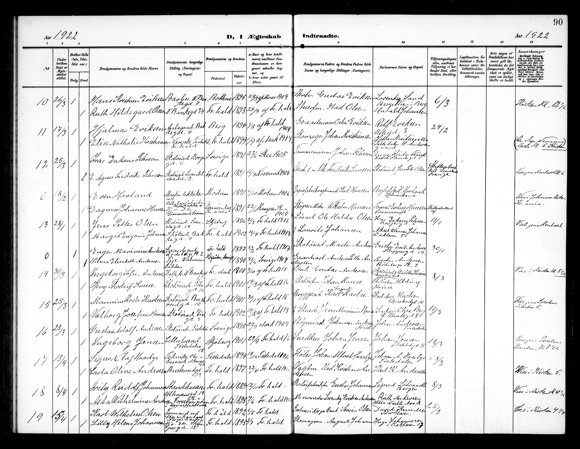 Halden prestekontor Kirkebøker, AV/SAO-A-10909/G/Ga/L0011: Klokkerbok nr. 11, 1906-1934, s. 90