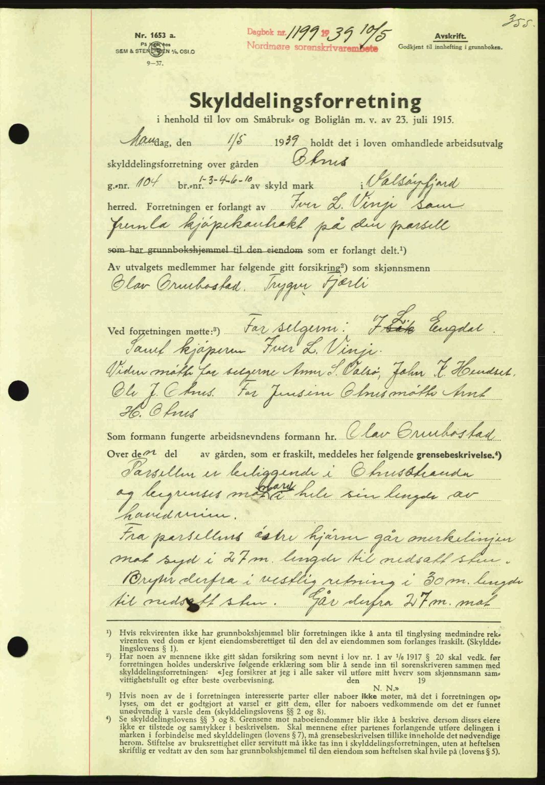 Nordmøre sorenskriveri, SAT/A-4132/1/2/2Ca: Pantebok nr. A86, 1939-1939, Dagboknr: 1199/1939