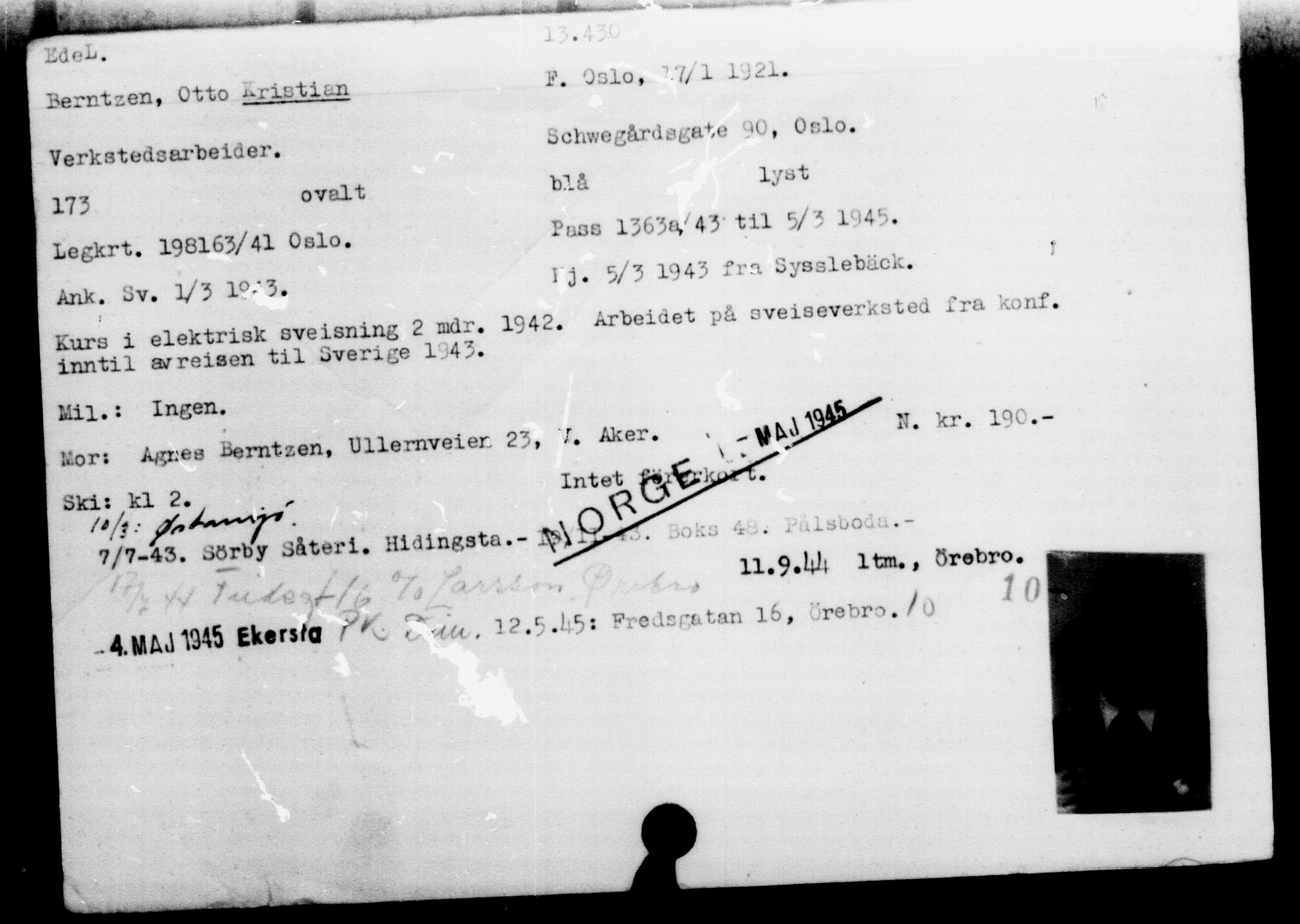 Den Kgl. Norske Legasjons Flyktningskontor, AV/RA-S-6753/V/Va/L0007: Kjesäterkartoteket.  Flyktningenr. 12700-15723, 1940-1945, s. 835