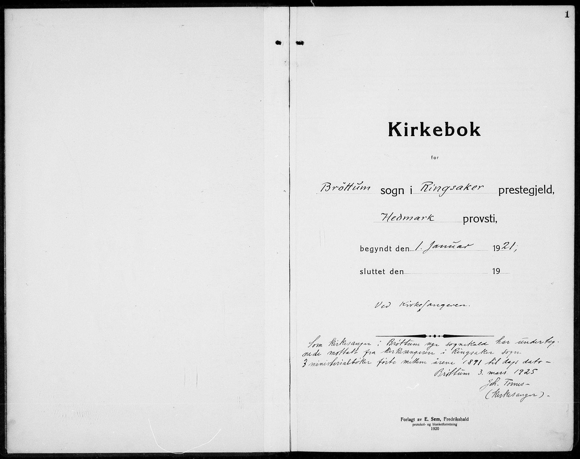 Brøttum prestekontor, SAH/PREST-016/L/La/L0001: Klokkerbok nr. 1, 1921-1941, s. 1