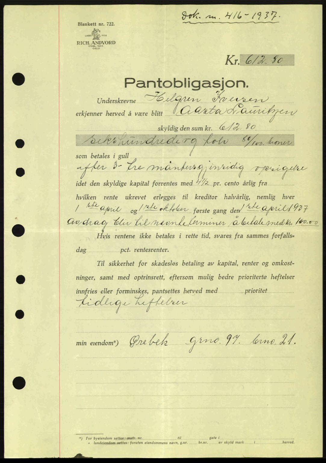 Moss sorenskriveri, SAO/A-10168: Pantebok nr. B3, 1937-1937, Dagboknr: 416/1937